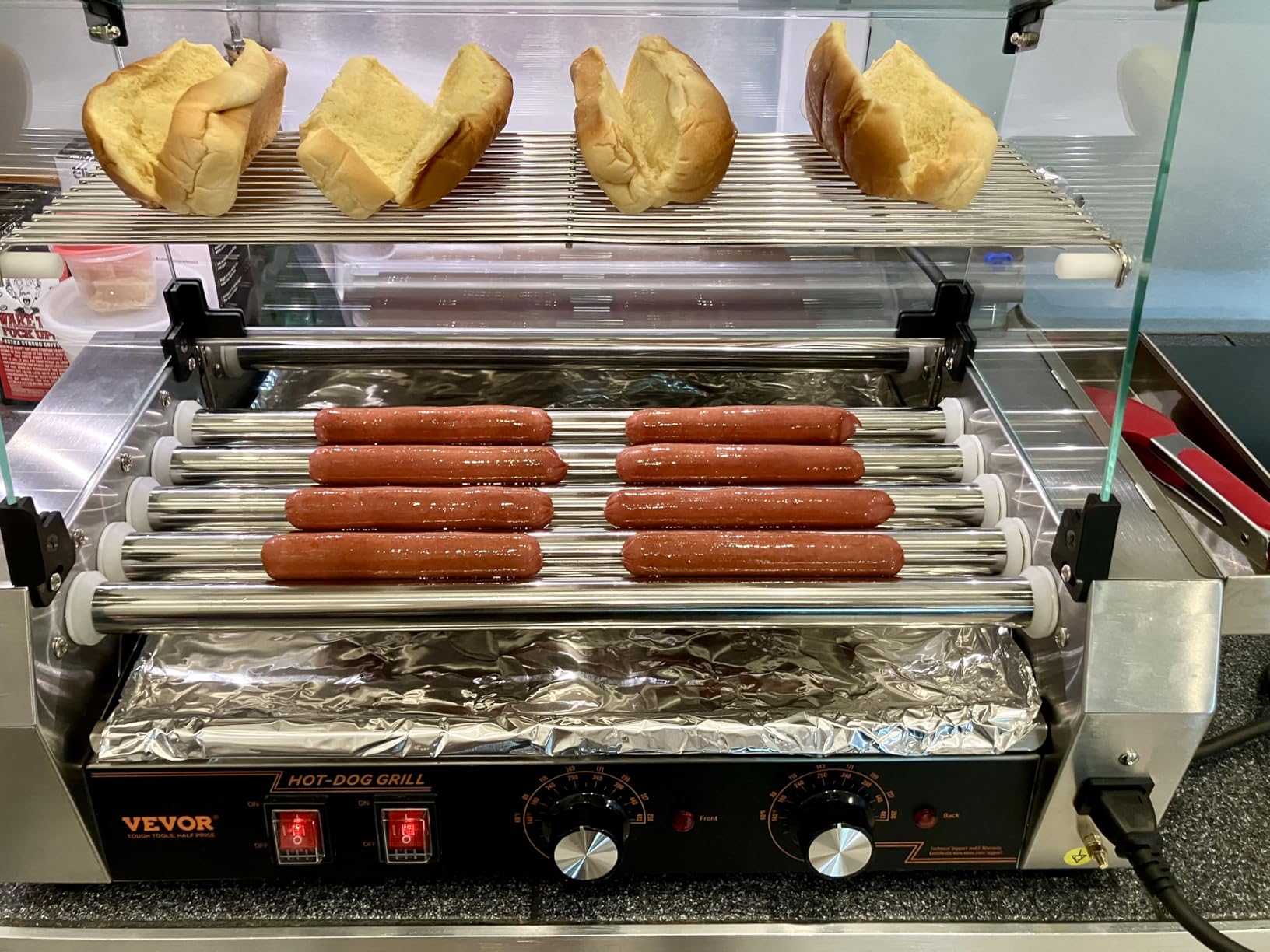 VEVOR Hot Dog Roller, 12 Hot Dog 5 Rollers, Stainless Steel Sausage Grill Cooker, 750W Commercial Hot Dog Machine with Dual Temp Control, Cover, Side Storage Box, Removable Shelf & Oil Drip Tray customer photo 1