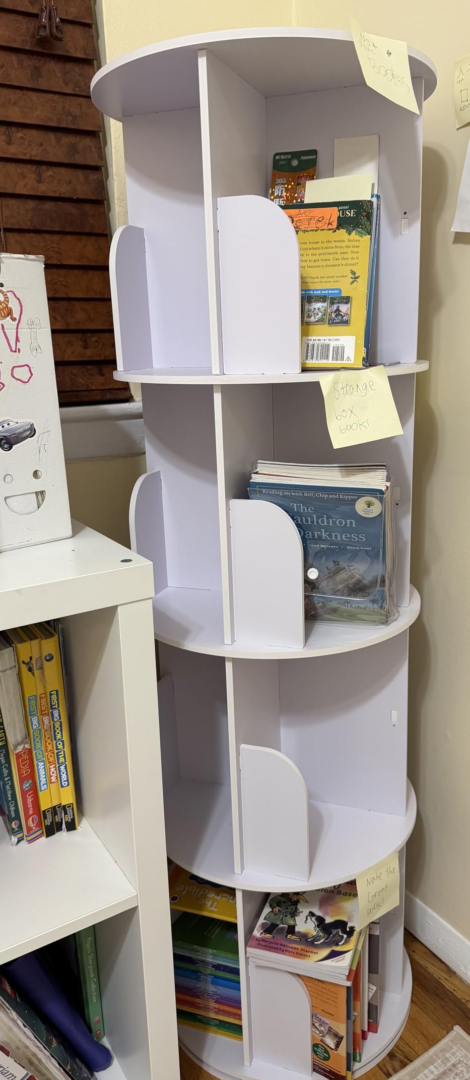 RUNSUNSPRI 4 Tier Rotating Bookshelf Tower Spinning Bookshelf | Revolving 360° Bookcase Storage Round Carousel, Vertical Rotate Turning Spiral Corner Organizer Lazy Susan, White customer photo 1