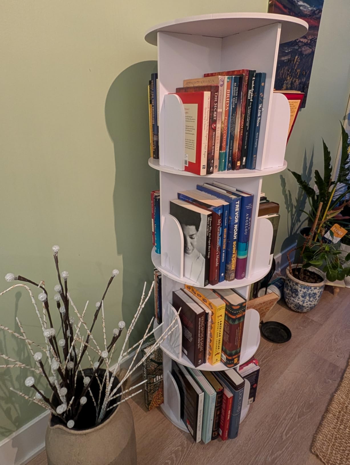 RUNSUNSPRI 4 Tier Rotating Bookshelf Tower Spinning Bookshelf | Revolving 360° Bookcase Storage Round Carousel, Vertical Rotate Turning Spiral Corner Organizer Lazy Susan, White customer photo 2
