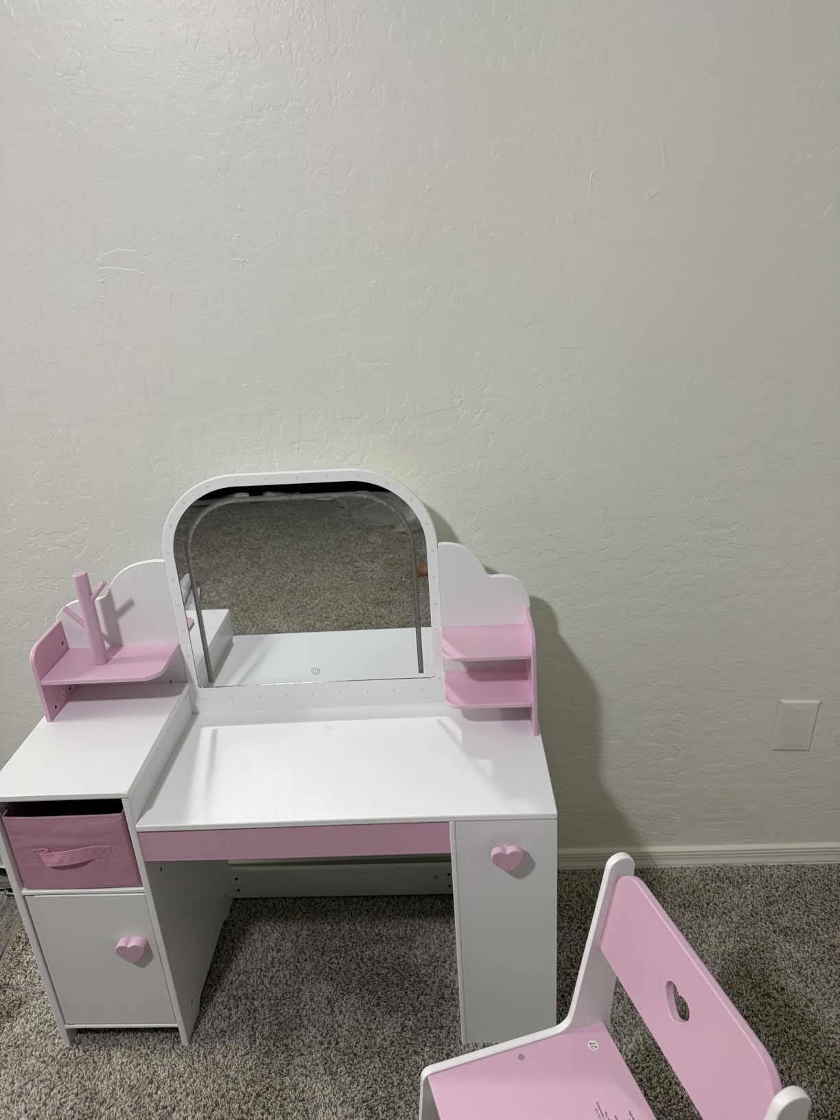 Frogprin Kids Vanity with Lights and Chair, Princess Makeup Vanity Desk with Mirror Bookshelf Storage Cabinet,3 in 1 Toddler Vanity Table Makeup Dressing Table, Pretend Play Vanity Set for Little Girl customer photo 2