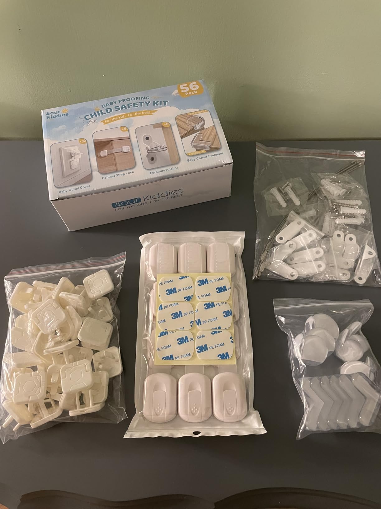 4our Kiddies 56-Piece Baby Proofing Kit & Child Safety Essentials | Child Proof Cabinet Locks x 6 ;Clear Corner Protectors x12; Plug Outlet Covers x 32; Anti-Tip Furniture Anchors x 6 customer photo 1