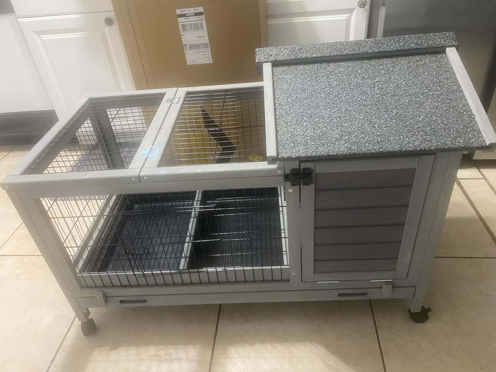 Wooden Rabbit Hutch Indoor and Outdoor, Rabbit Cage with Removable Wire Netting and Leak Proof Tray, Mobile Bunny Cage with Wheels (Grey) customer photo 1
