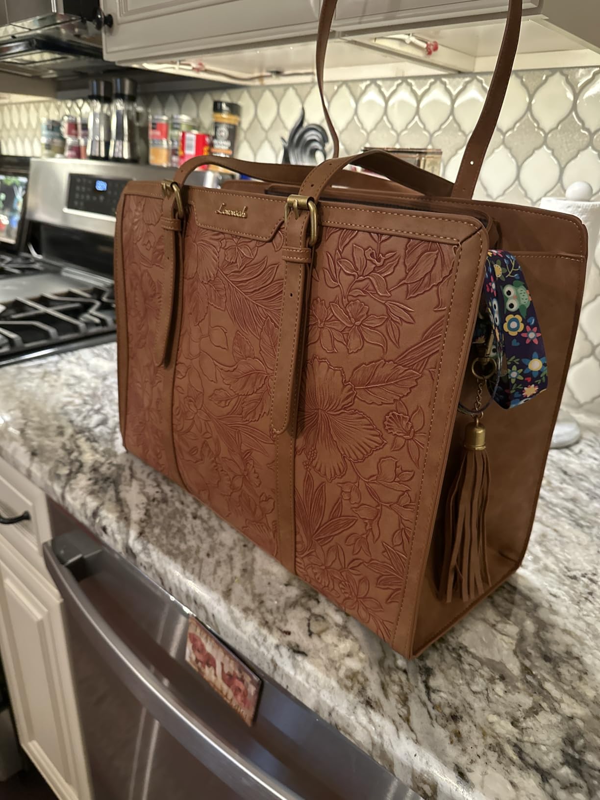 LOVEVOOK Laptop Bag for Women, Vintage Leather 15.6 Inch Work Tote with Large Cup Holder, Teacher Professional Computer Bag with Clutch Purse and Tassel for Office Business customer photo 1