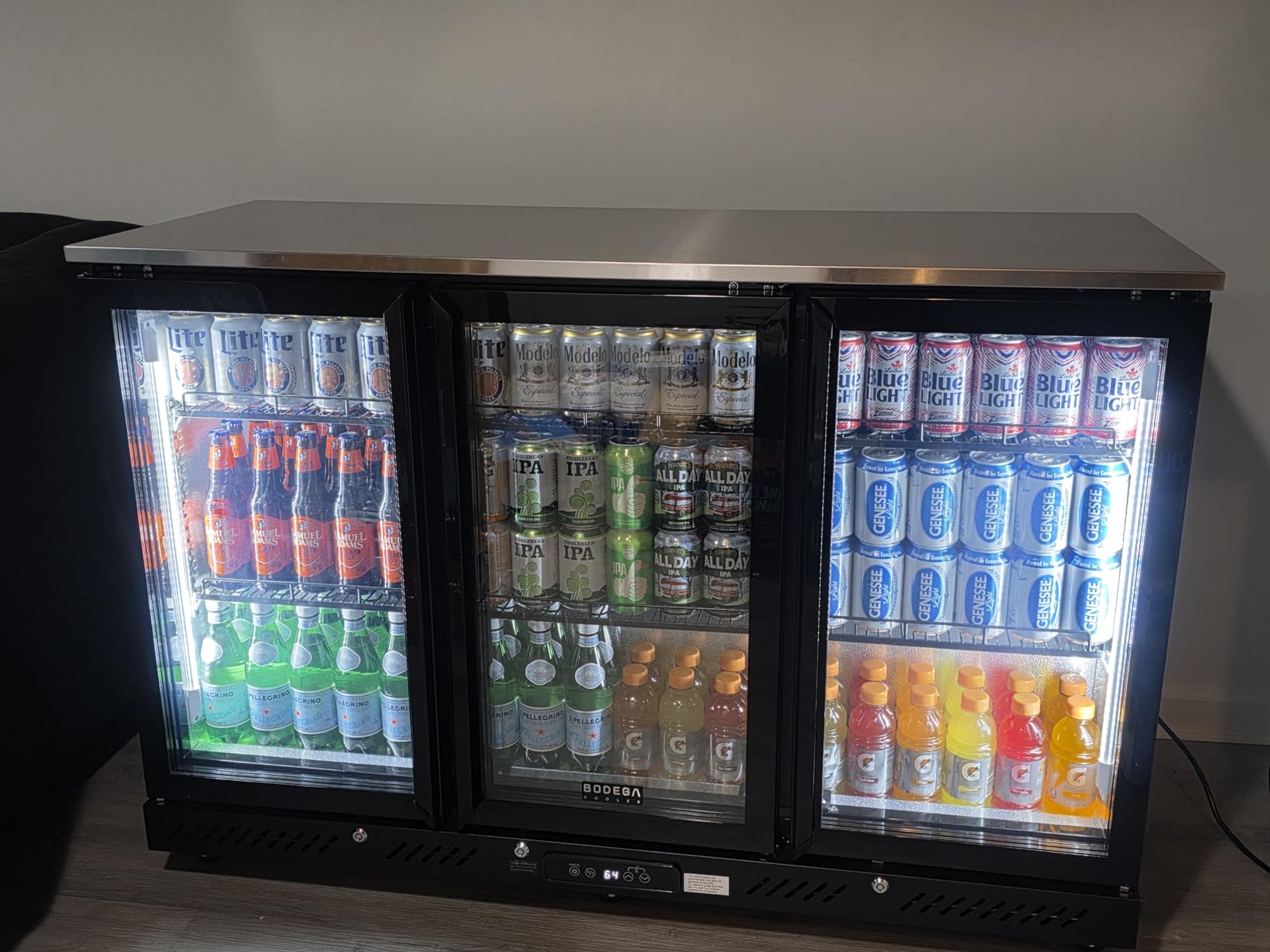 BODEGACOOLER Commercial Bar Cooler With 3 Glass Doors, 12 Cu.Ft Counter Height Back Beverage Refrigerator, Display Bar Fridge with LED Lighting, Beverage Cooler for Beer Stainless Steel Top, With Casters customer photo 1