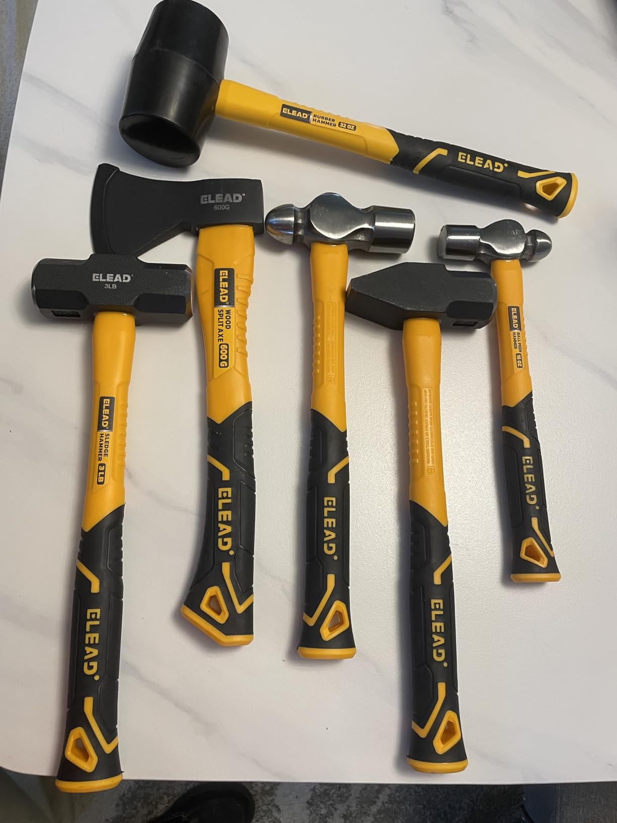 ELEAD 6-Piece Mallet Hammer Set, Fiberglass Handle Forge Steel Head, 32oz Rubber Mallet & Ball Peen Hammers, 16oz Ball Peen Hammer, 3LB Sledge & Cross Peen Hammers, 600g Wood Split Axe customer photo 2