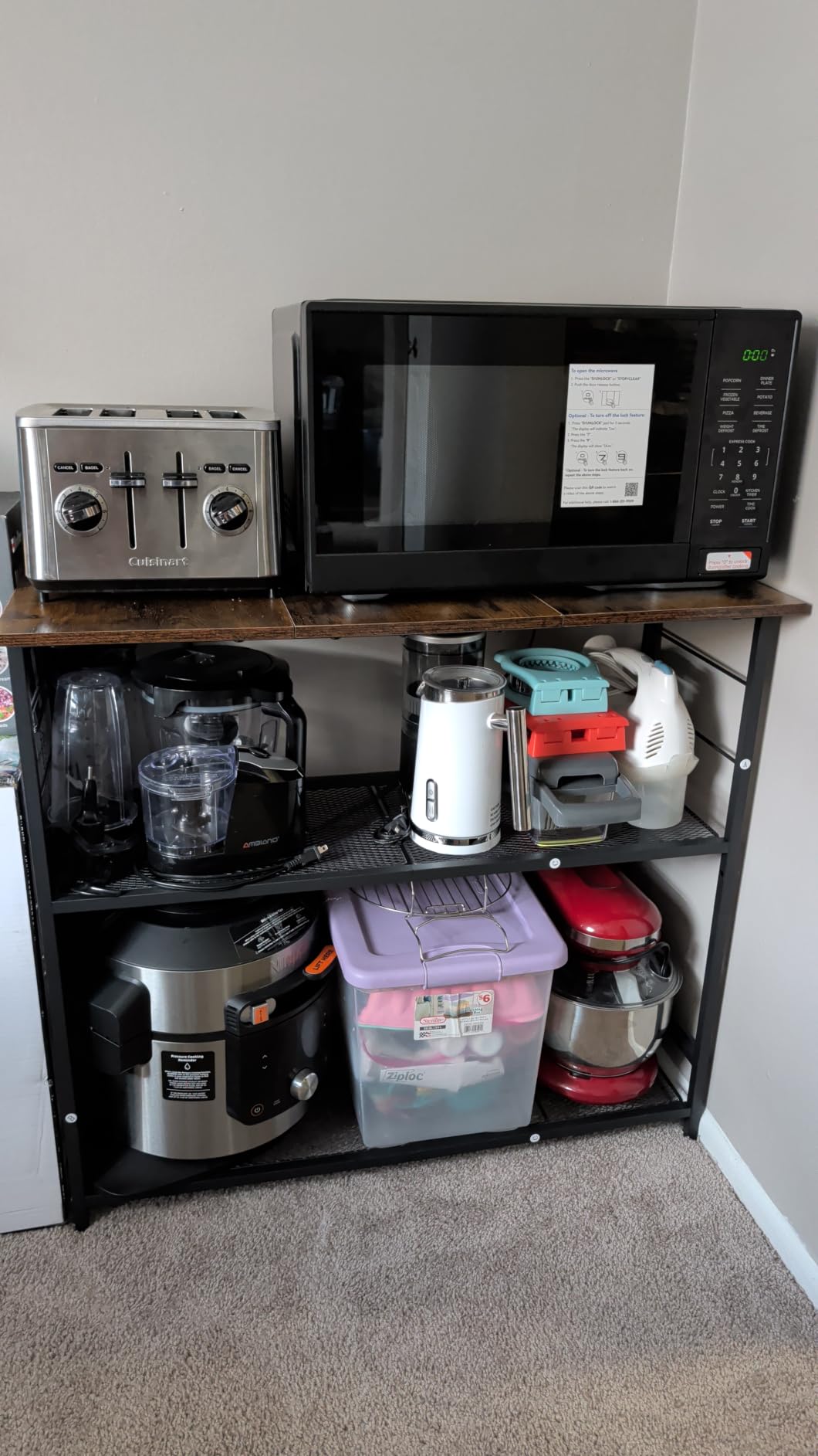 Kitchen Island with 3 Shelves, Rolling Kitchen Cart with 6 Hooks and Protective Shelf, Microwave Stand on Lockable Wheels, Bakers Rack Coffee Bar for Dining, Living Room, Outdoor, Metal Frame customer photo 1