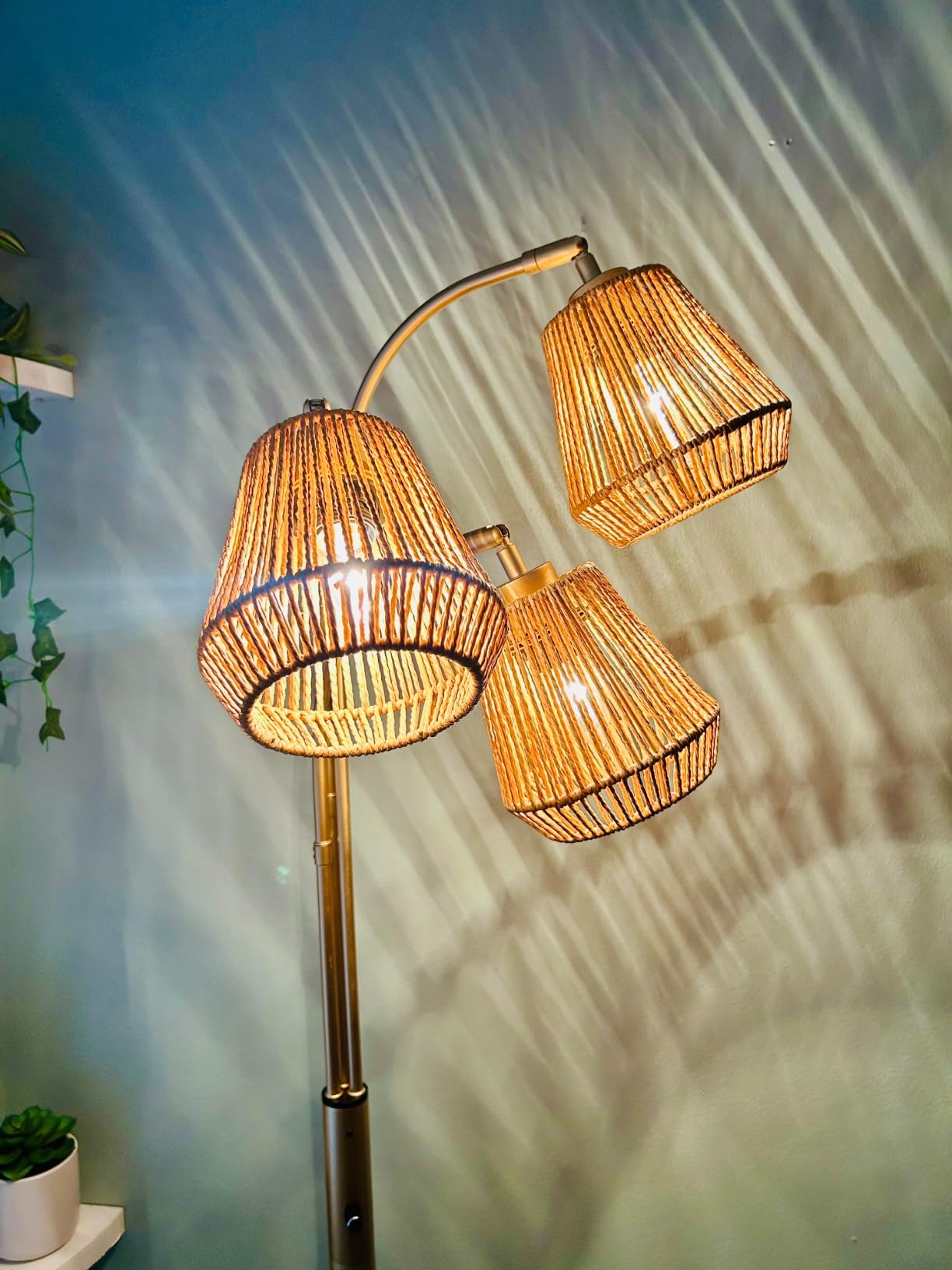 80'' Brushed Gold Rattan Arc Floor Lamp for Living Room, 3-Light Boho Lamp | Heavy Natural Marble Base, 1/2/3-Light Rotary Switch, Double-layer Wicker/Fabric Shades for Reading Corners, 8 ft+ Ceilings customer photo 2