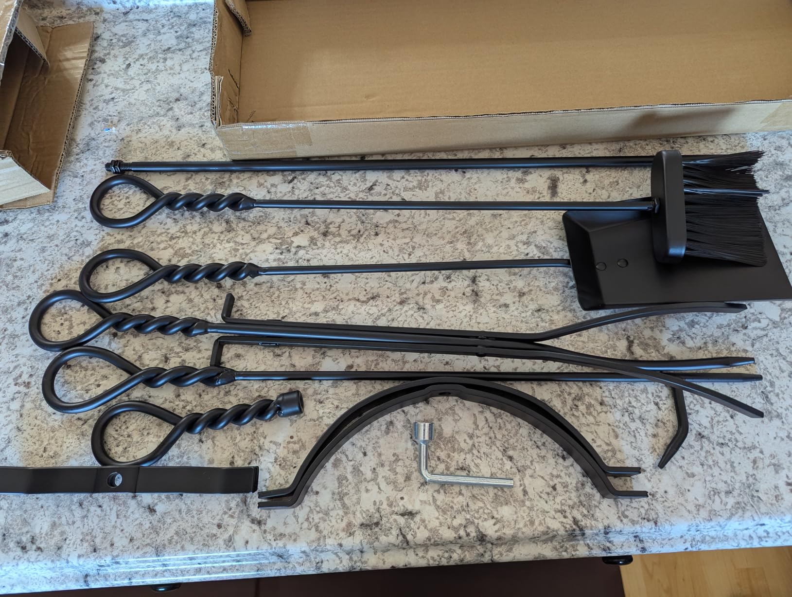 Gtongoko 35 Inch Fireplace Tools Set 5 Pcs Black Wrought Solid Iron Large Fire Tool Set for Outdoor/Indoor Include Chimney Poker, Rustic Tongs, Shovel, Antique Brush and Stand Accessories Set customer photo 2