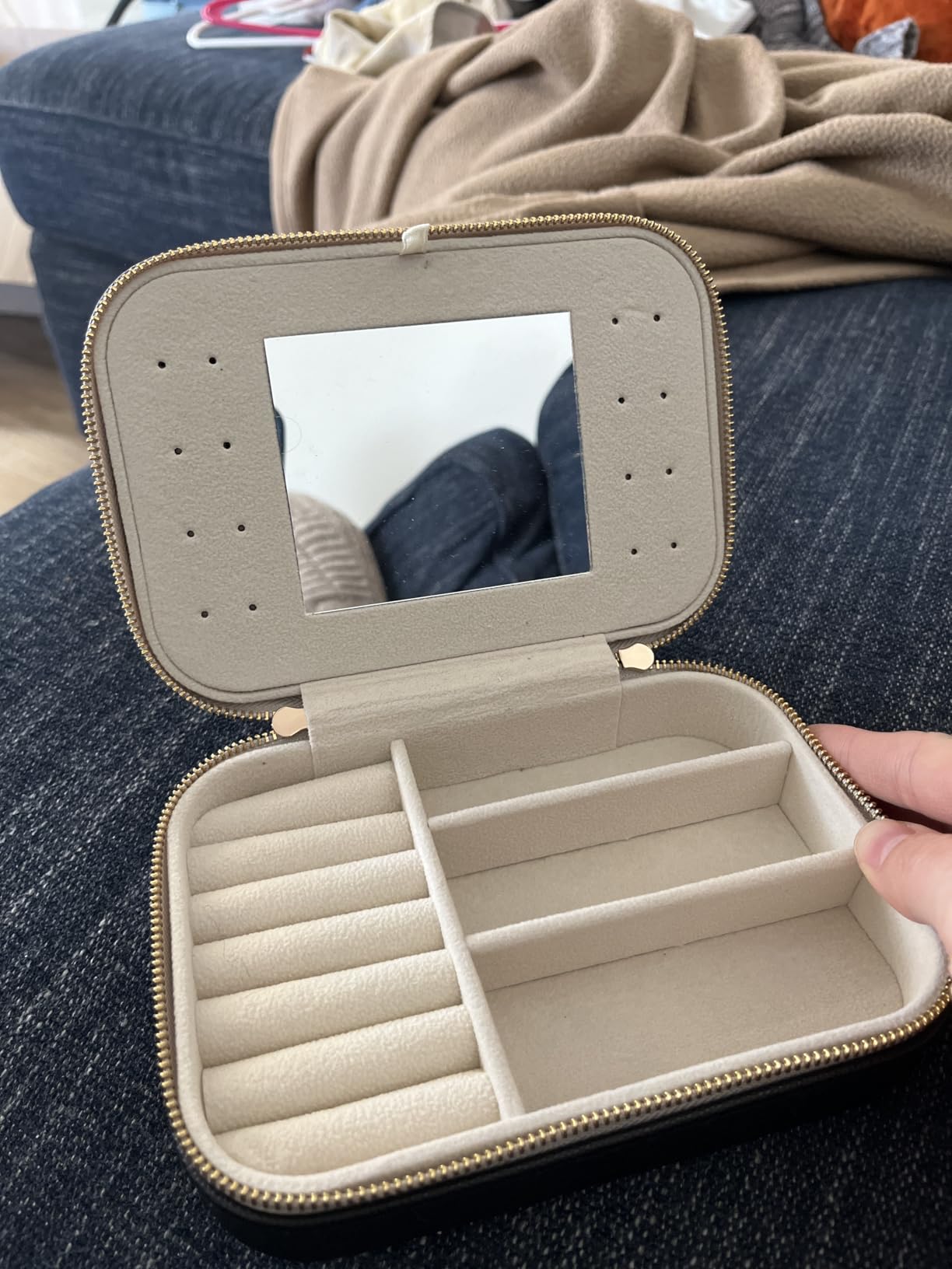 Genuine Leather Travel Jewelry Organizer Case with Mirror for Women, Small Mini Portable Jewelry Box for Ring Earrings Necklace Bracelet Luxury Gift for Women (Cyan) customer photo 2