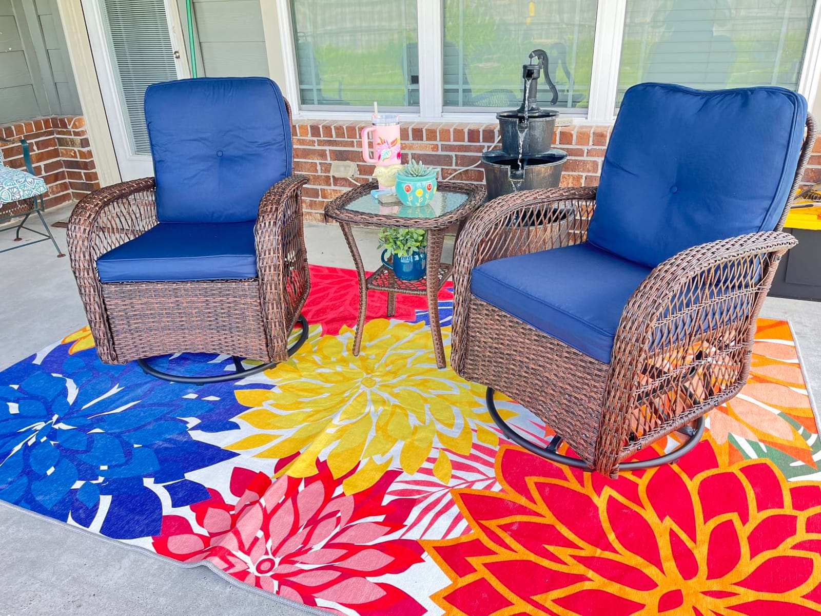 Aoxun 3 Pieces Patio Furniture Set, Patio Swivel Rocker Chairs Set of 2, Wicker Outdoor Bistro Set with Rocking Chair, Thickened Cushions and Table for Porch (Blue) customer photo 2