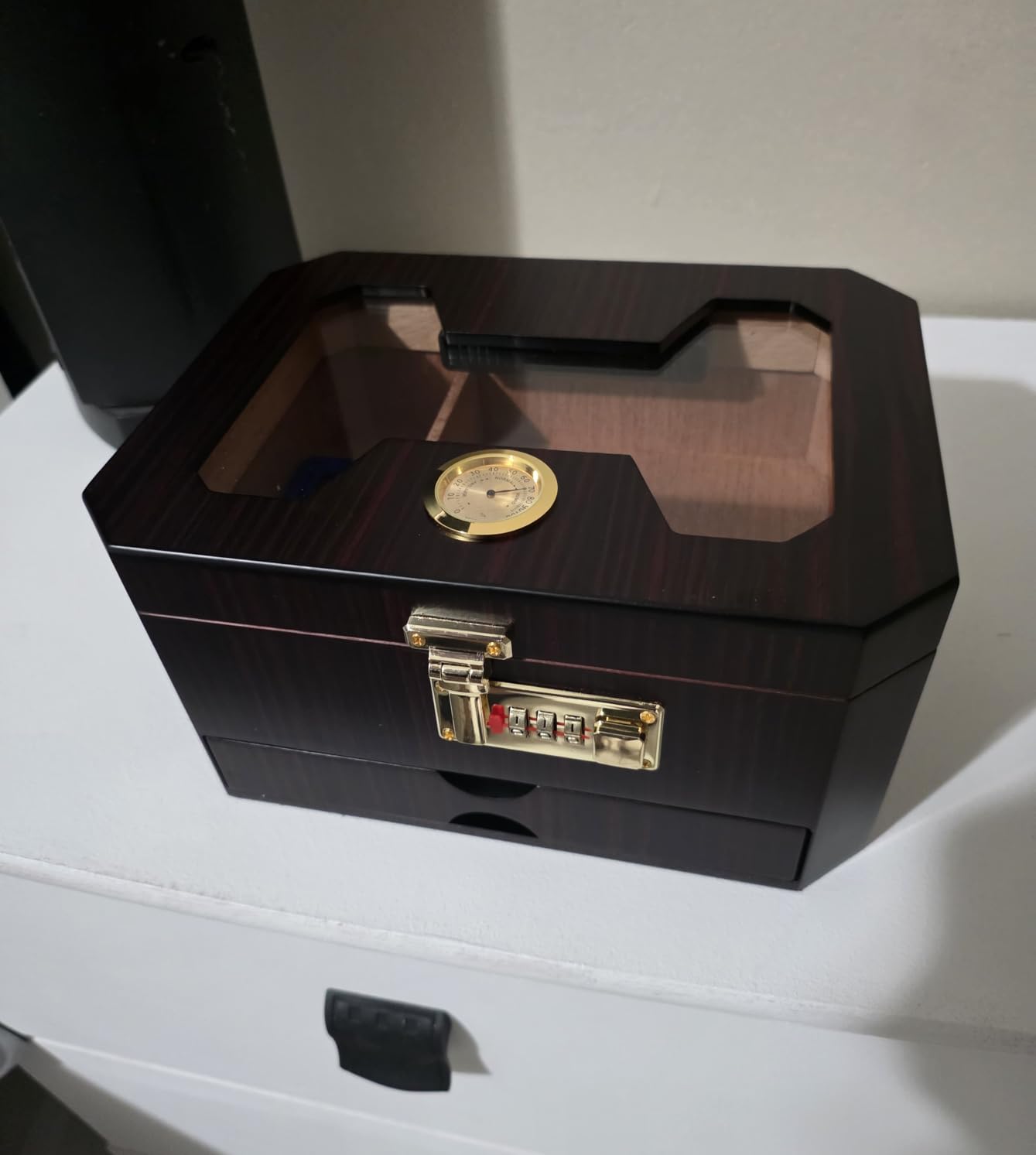 Cigar Humidor, Cedar Wood Desktop Humidor Cigar Box with Combination Lock, Glass Top Storage with Hygrometer & Humidifier, Accessory Drawer and Divider, Complete Cigar Accessories, Cigar Gifts for Men customer photo 1