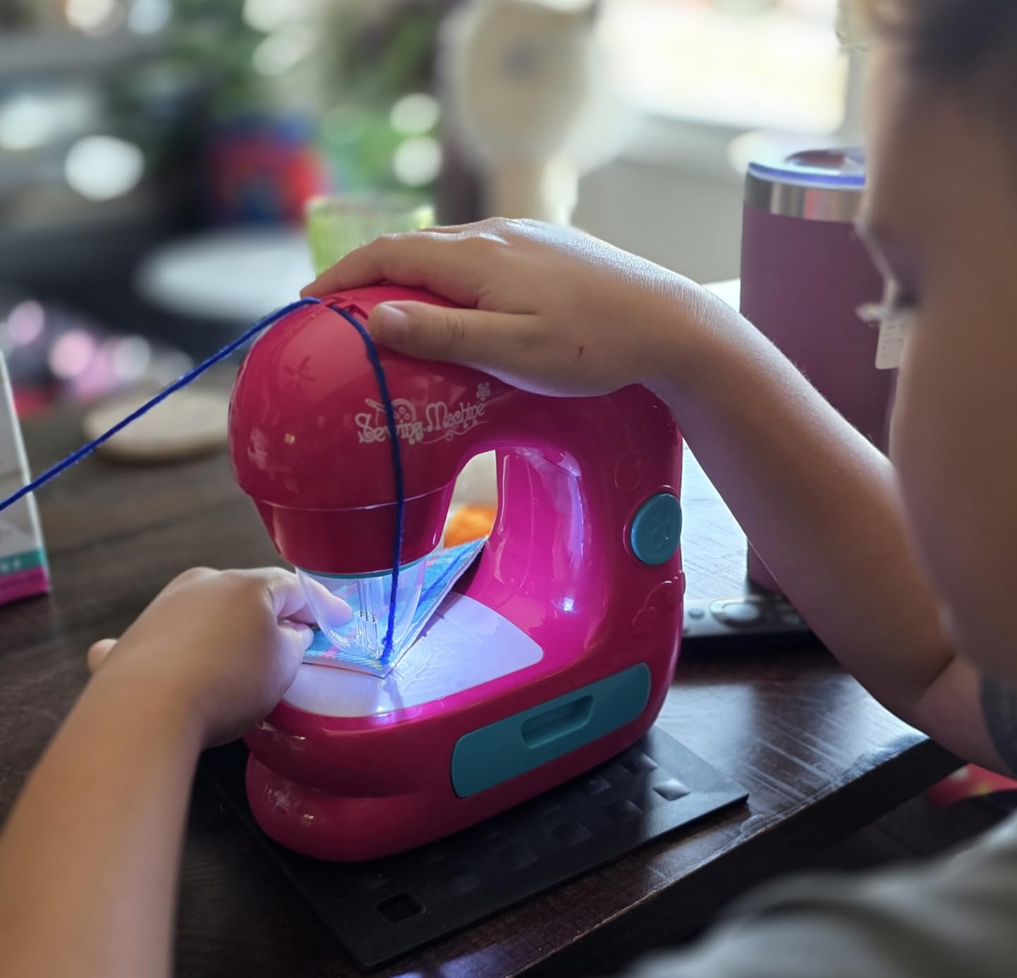 TUZT Mini Sewing Machine Toy Kit for Kids Beginners, 22pcs Portable Electric Sewing Machine with Sewing Kit, Light and Finger Guard, Birthday Christmas Gift for Kids Girls 4-12 customer photo 2