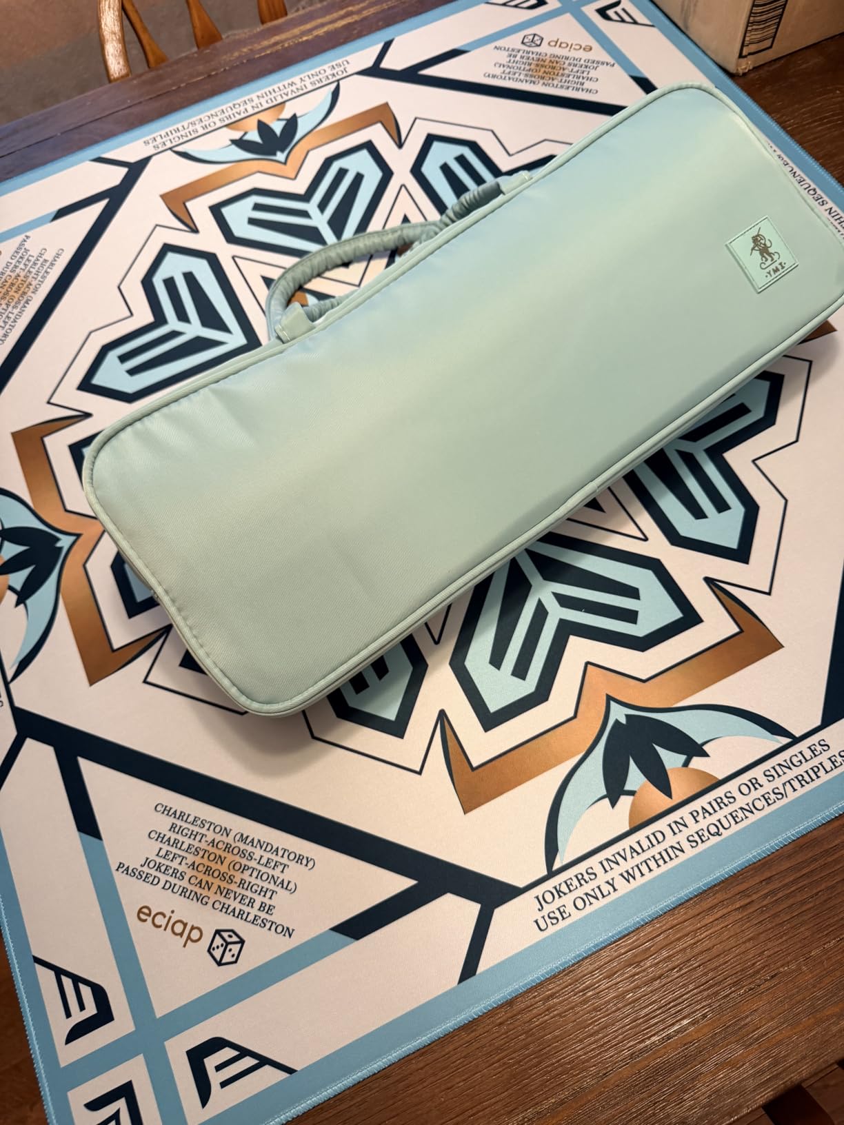 Yellow Mountain Imports American Mahjong Set, Celadon Koi with Mint Green Fabric Case - Four Wooden All-in-One Racks with Pushers, Wright Patterson Scoring Coins, Dice, and Wind Indicator customer photo 1