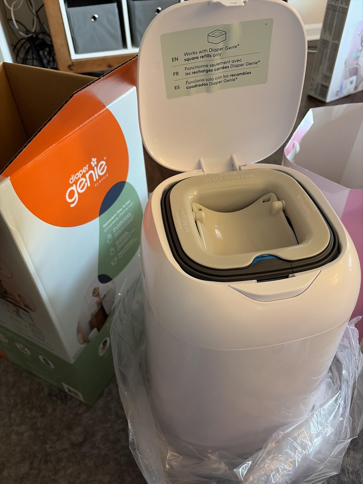 Diaper Genie Classic Diaper Pail Gift Set | Push-N-Lock Odor Control | Includes Starter Refill and Jumbo+ Refill | Holds up to 1,245 Newborn Diapers | Baby Registry Must-Have customer photo 1