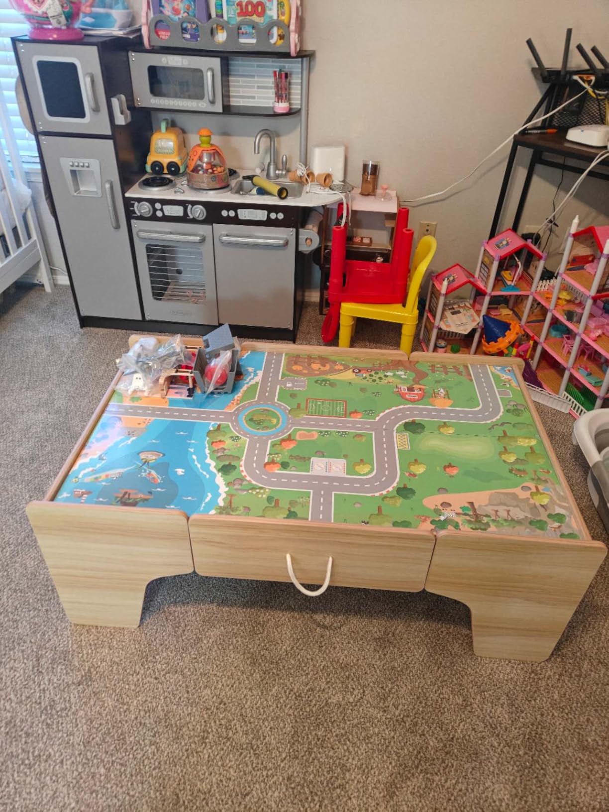 Costzon Train Table, 5 in 1 Kids Activity Wooden Set w/ 78 Pieces Railway Playset, Reversible Map Top, Blackboard, Building Bricks Station & Large Storage Space, Toddler Sensory Table for 18 M+ customer photo 2