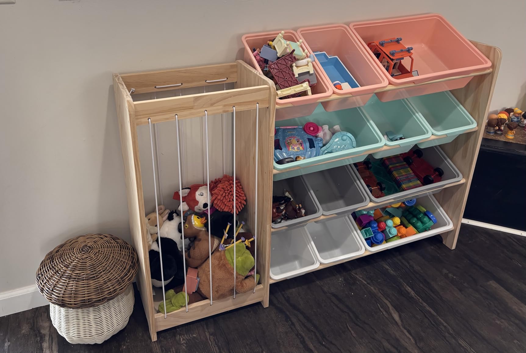 EXPERLAM Kids Toy Storage Organizer, 2-in-1 Stuffed Animal Storage & Toy Organizer w/12 Bins, Solid Wood Toy Rack Featuring Thicker Elastic Ropes to Hold Toys, Playroom Nursery Bedroom Storage, White customer photo 2