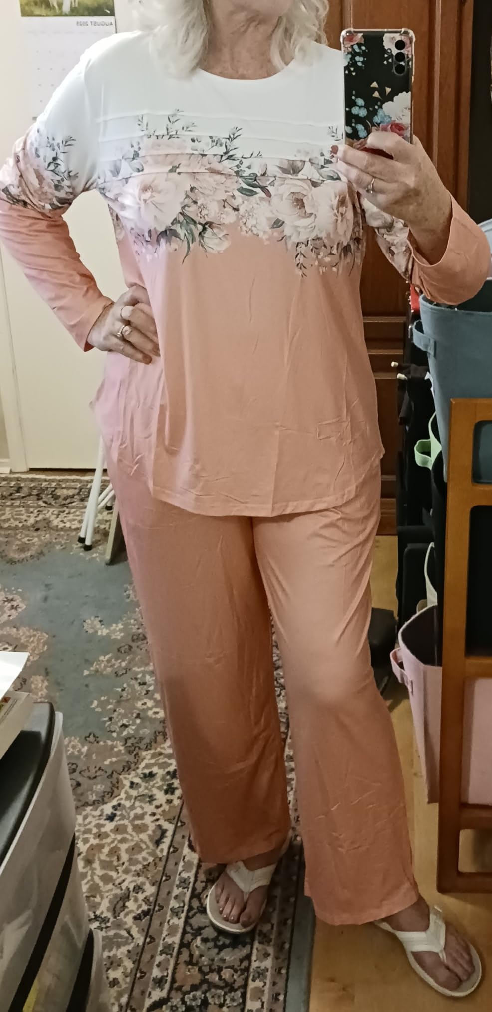 Ekouaer Womens Pajama Sets Pleated Tops with Long Sleeve Fall Lounge Set | Long Pants with Pockets, 2 Piece Floral Ladies Pjs, Soft Breathable Fabric, Casual Fall Lounging customer photo 2