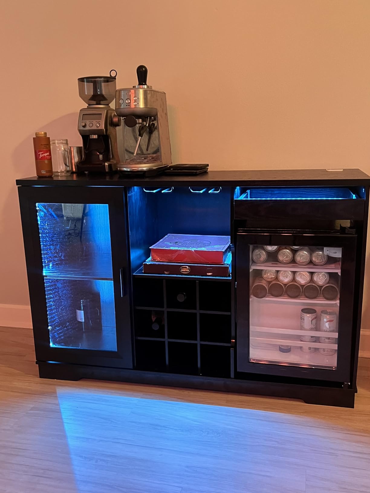 BROTTAR Large Coffee Bar Cabinet with Fridge (Fridge Included) | Liquor Wine Bar Cabinet with LED Lights, Glass Holder, Wine Rack, Human Body Sensor, Buffet Sideboard for Home, Black customer photo 2