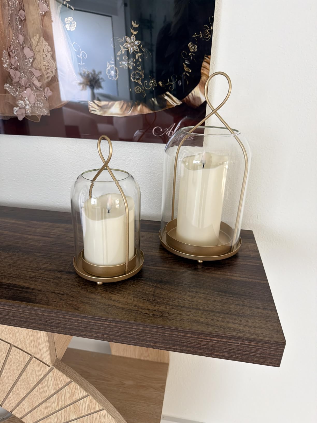 NUPTIO Glass Lanterns Decorative Outdoor, Gold Hurricane Candle Holders | Set of 2 Hanging Lantern for Pillar Candles, Table Centerpiece for Home Thanksgiving Christmas Party customer photo 2