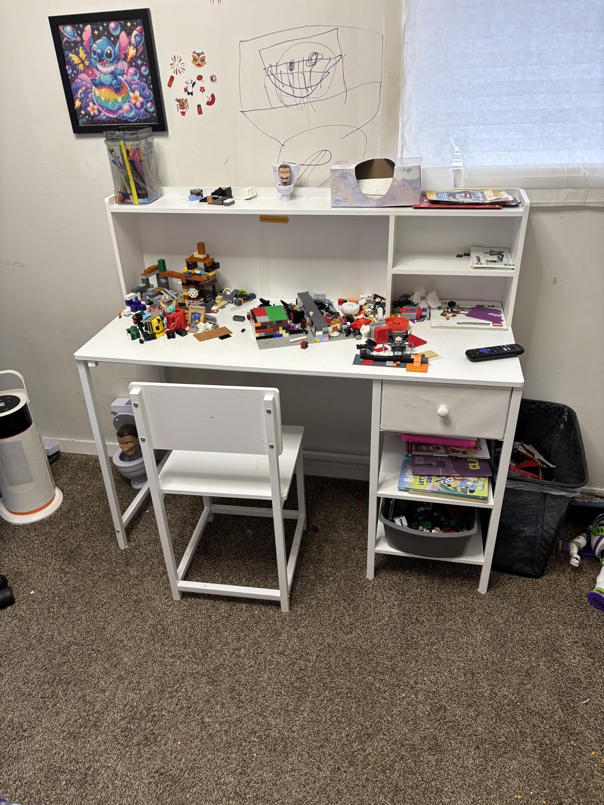 BOLUO White Kids Desk and Chair Set for 6-12 Year Old, Children Study Desk with Hutch and Storage Shelf, Student Writing Table with Fabric Drawer for Girls Boys customer photo 2