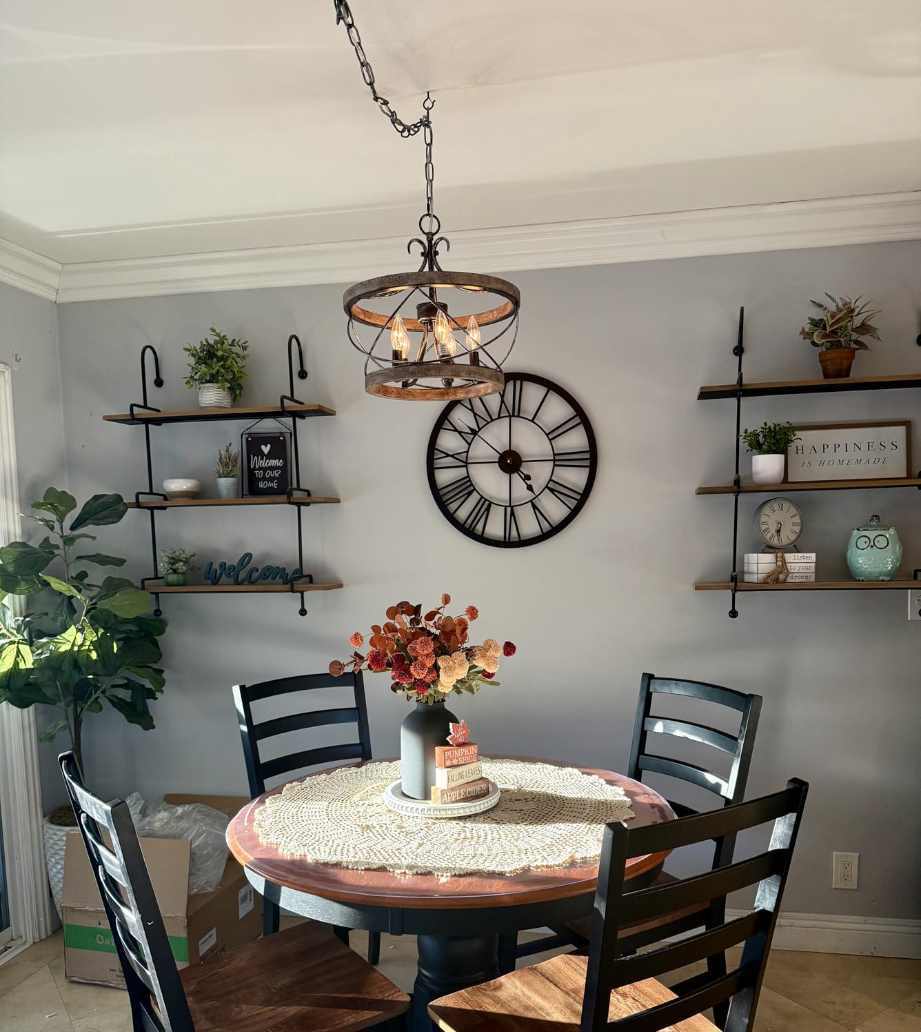 Farmhouse Wood Chandelier Light Fixture, 16 Inch Dining Room Light Fixture | Over Table, 5-Light French Country Rustic Industrial Drum Chandelier for Kitchen Dining Room Entryway customer photo 1