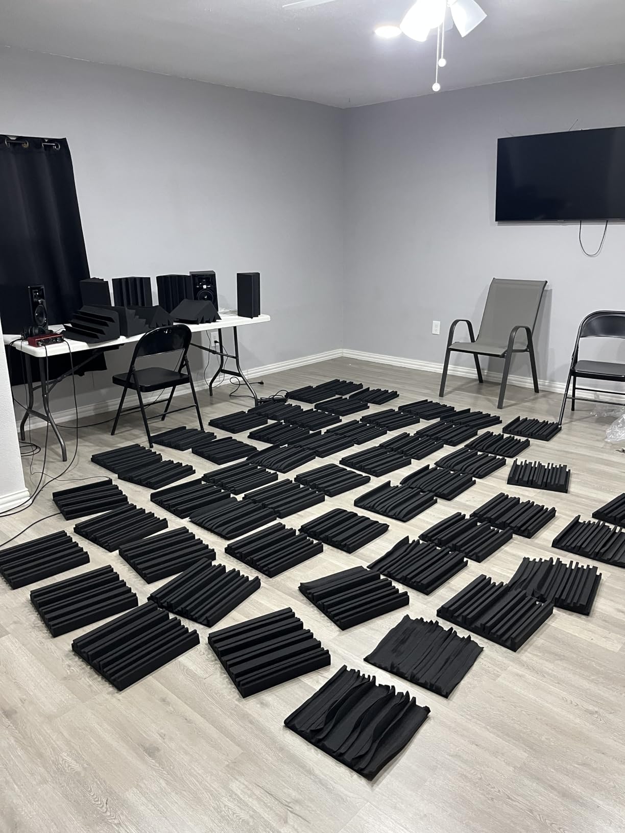 TroyStudio Thick Acoustic Foam Panels, 12 X 12 X 2 Inch 52 Pcs Broadband Sound Absorbing Foam, Dense Soundproof Padding Tile, Recording Studio Foam Absorber, Groove Decorative 3D Wall Ceiling Panel customer photo 1