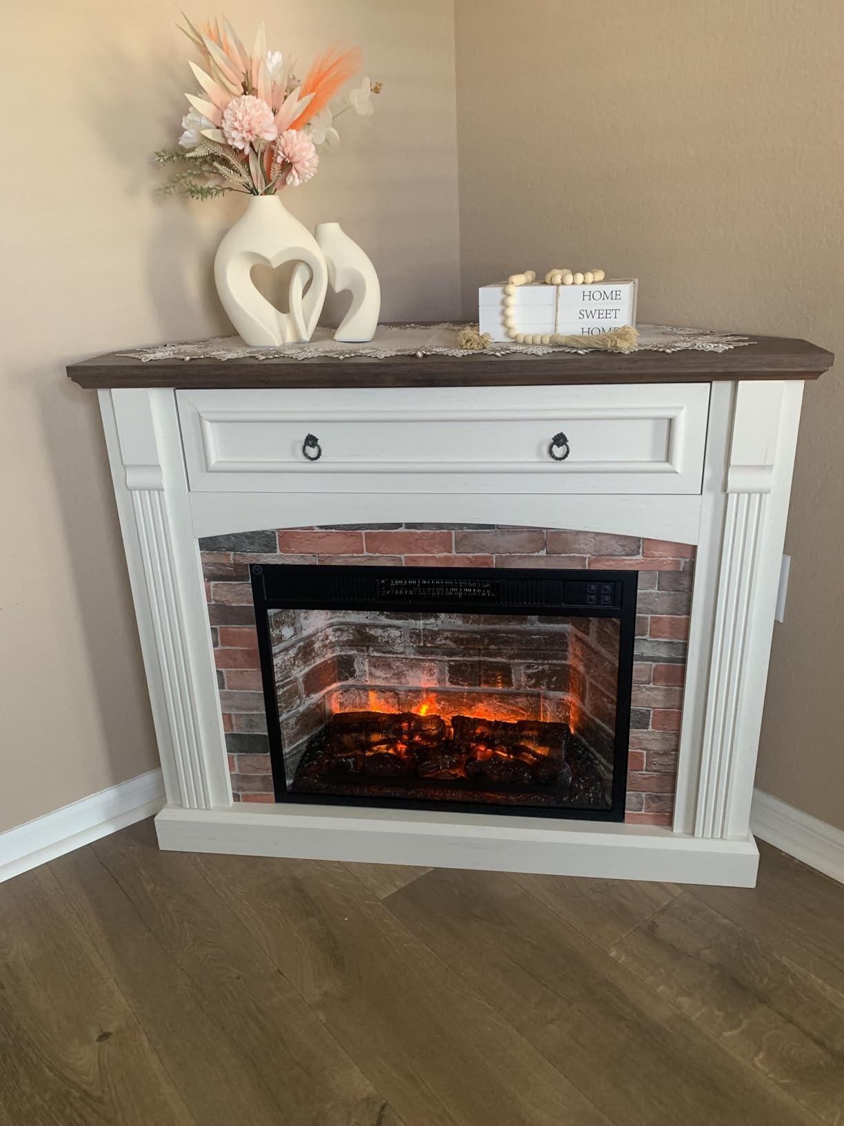 Electric Fireplace with Mantel, Corner Fireplace TV Stand, Entertainment Center with Hidden Drawer, Electric Fireplace Heater with Realistic Stacked Stone Surround for Living Room (White) customer photo 1