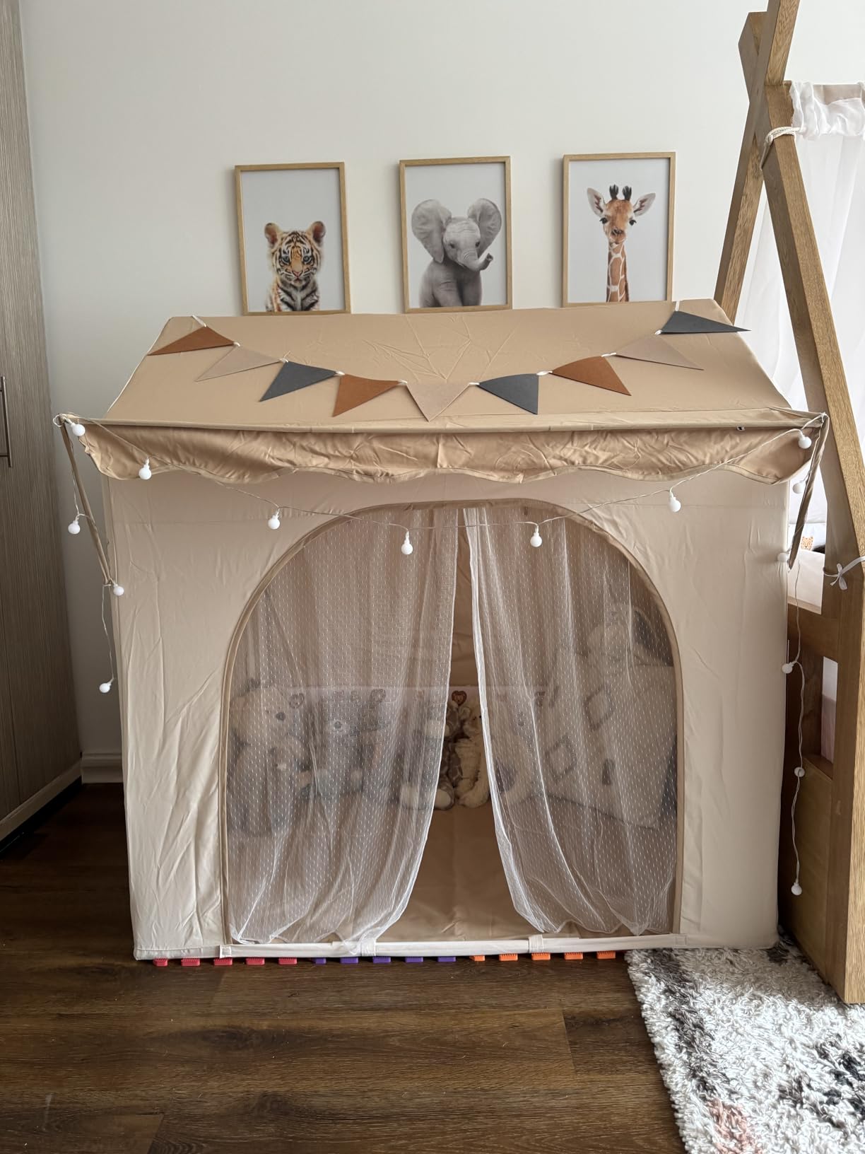 besrey Kids Play Tent with Eave, Toddler Tent 2 in 1 with Padded Mat and Lights, Large Playhouse with 2 Doors & 2 Windows, Indoor & Outdoor, Christmas Toddler Playhouse, 51