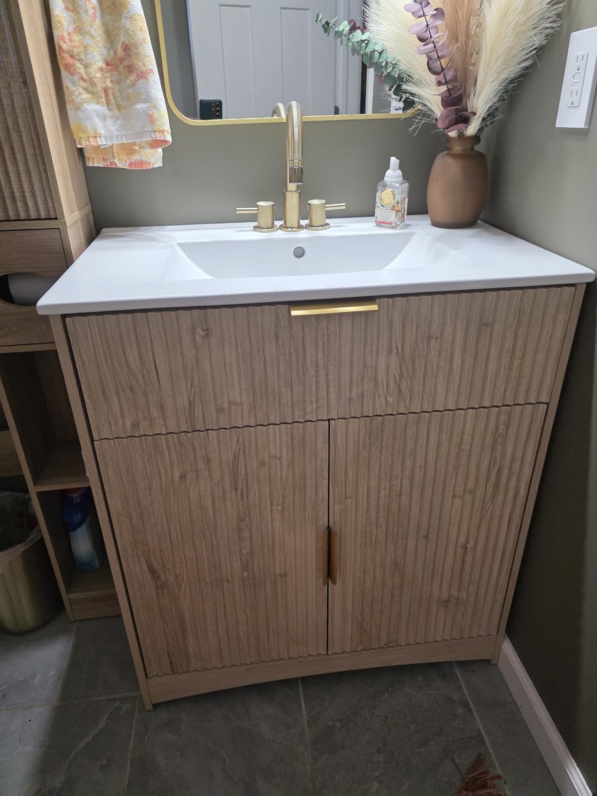 Amada 30 inch Bathroom Vanity with Ceramic Sink and Storage, Natural Oak | Modern fluted style, U-shaped drawer, adjustable U-shaped shelf, CARB-certified, pre-drilled faucet holes and drain hole customer photo 1