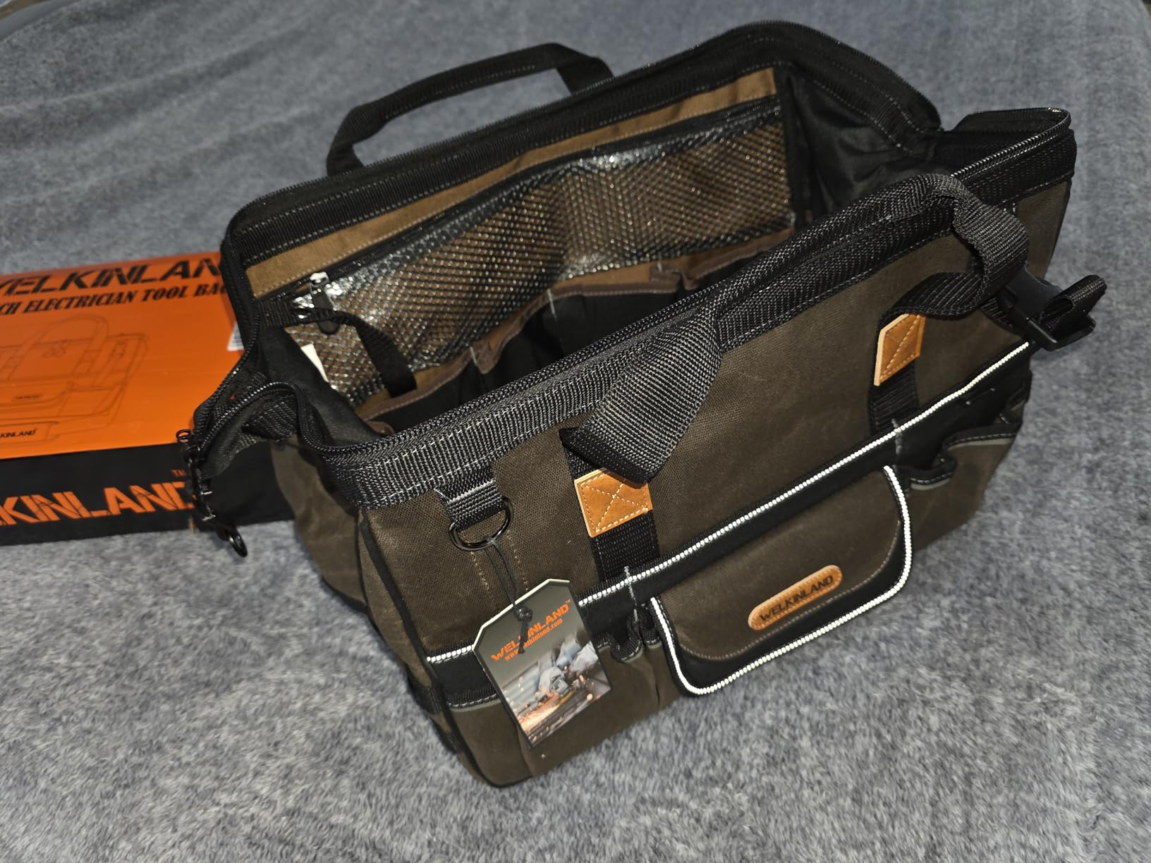 WELKINLAND 18 Inch Waxed Canvas Tool Bag, 28-Pocket Electricain Tool Bag | Heavy Duty Tools Bag, Large-Opening Electrician Bag, Quick-Access HVAC Tools Bag, Tool Bags For Men, Electrical Tool Bags customer photo 1