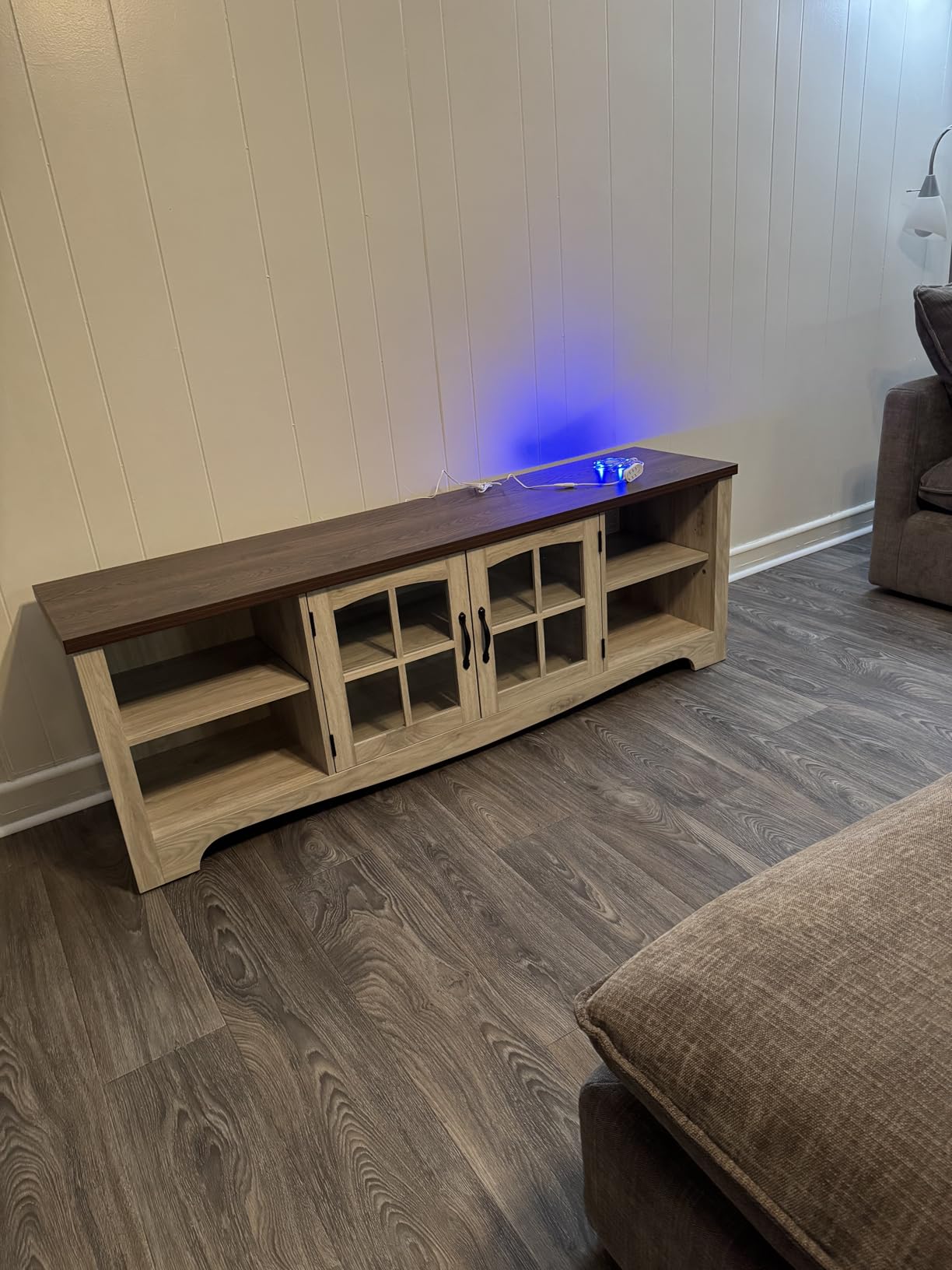 LINSY HOME TV Stand for 75 Inch TV, Modern Farmhouse Entertainment Center with Storage Cabinets and Glass Doors, Tall Media Console Table for Living Room, Bedroom, Large Long Television Stand, Beige customer photo 1