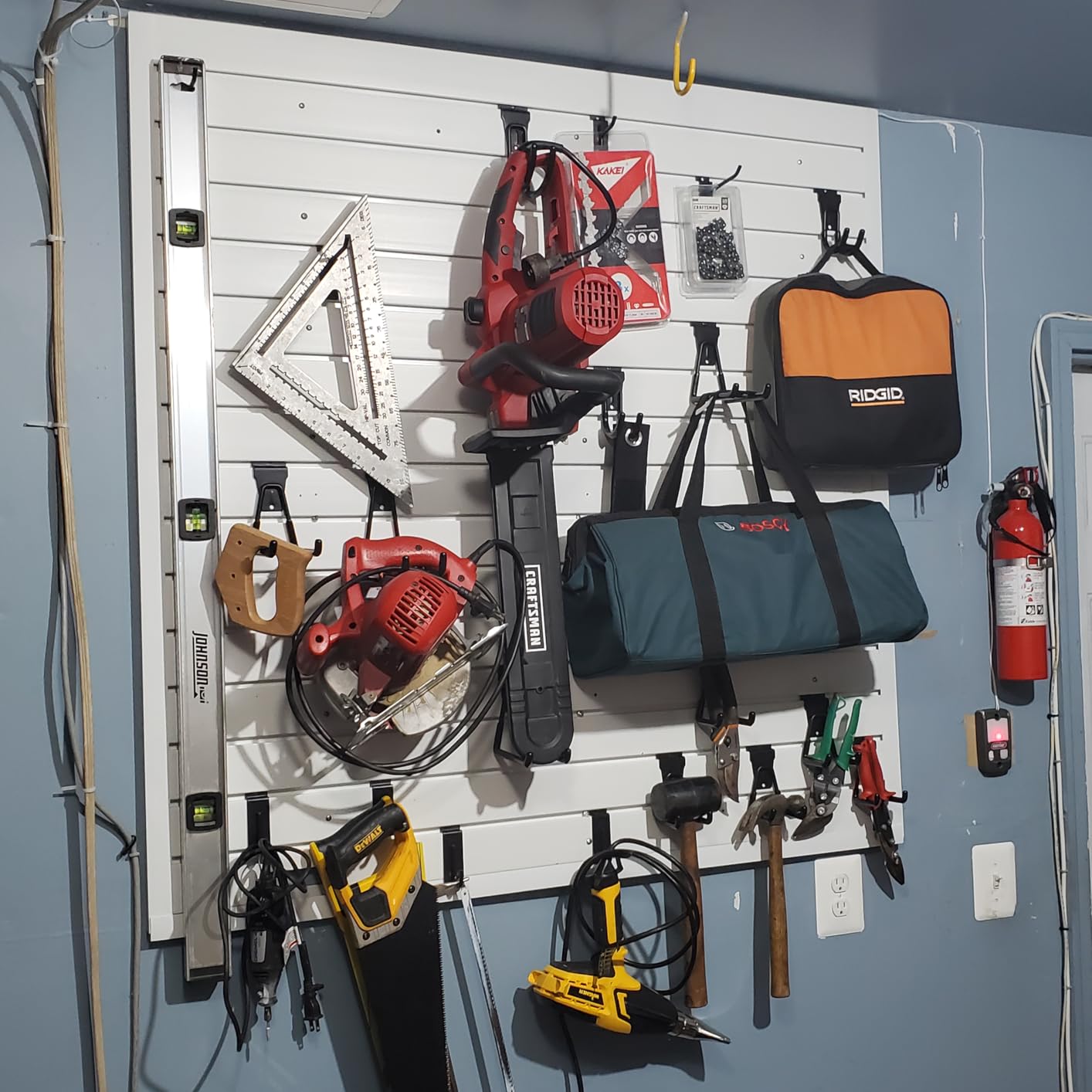 4 x 8 ft PVC Slatwall Panels for Garage Wall Organizer, Grey - includes edge trims, mounting hardware, drill bit, and instructions customer photo 2