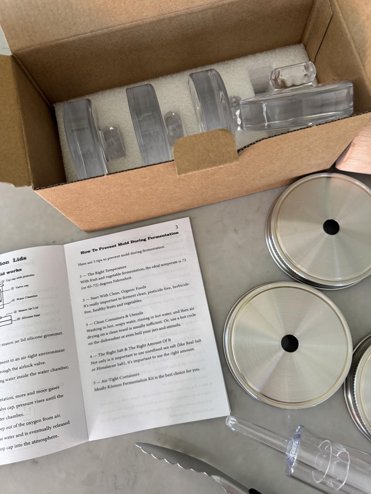Fermentation Kit for Wide Mouth Mason Jars-4 Stainless Steel Fermentation Lids,4 Glass Fermentation Weights,1 Silicone Tong,1 sauerkraut pound, 1Wooden Handle Brush Cleaner (Jars Not Included) customer photo 1