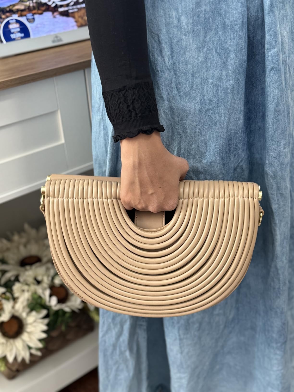 Half-Moon Gold Clutch Purse for Women Wedding Evening Handbag | Woven Shoulder Bag, Metallic Evening Bag for Party Prom, Top Handle Handbag customer photo 2