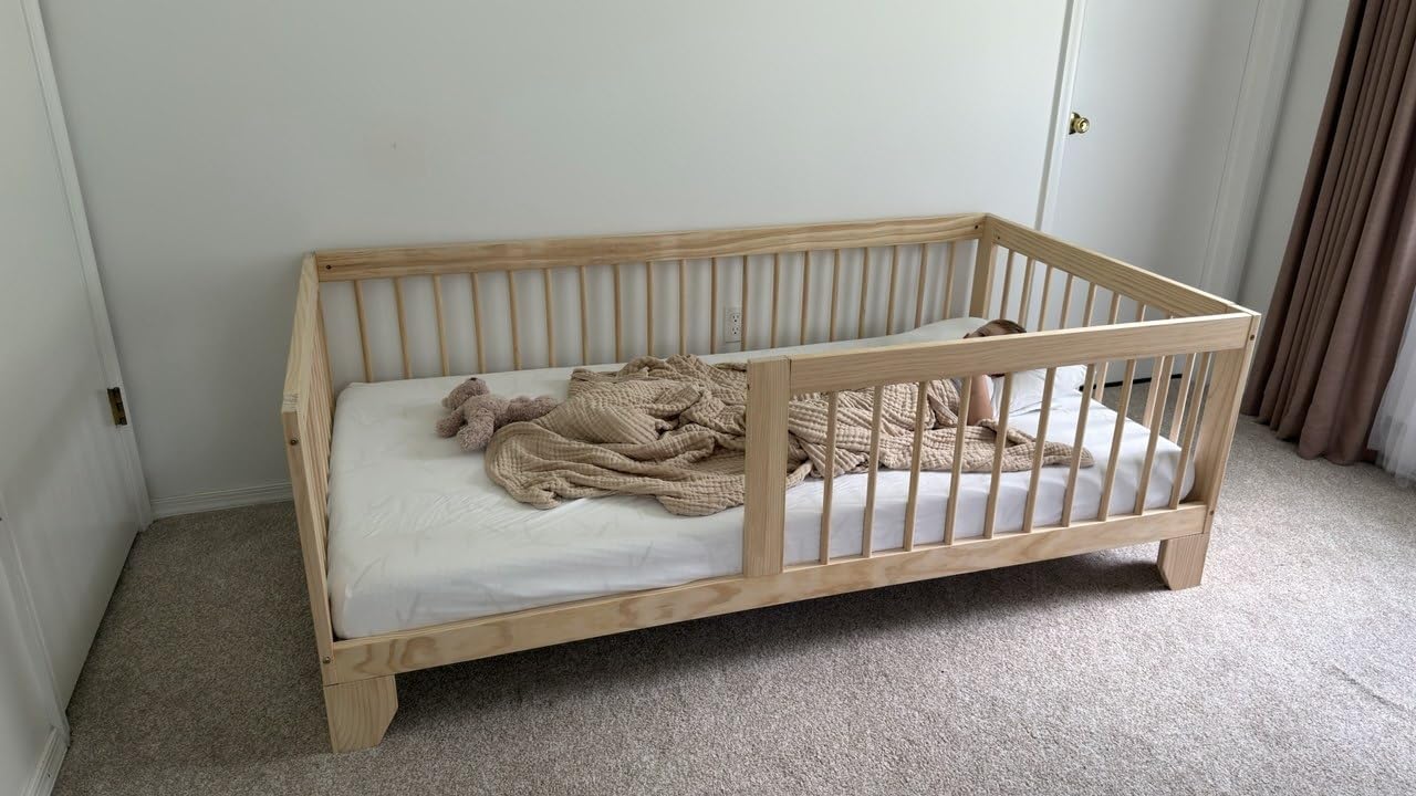 EXPERLAM Montessori Toddler Bed, Variable Twin Floor Bed Frame with Removable Guardrails and Legs, Low Wooden Kids Bed with 10 Slats and Supporting keel, Crib-to-Bed Transition for Bedroom or Nursery customer photo 1