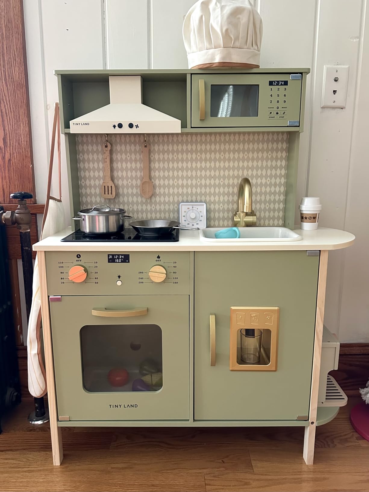Tiny Land Play Kitchen for Kids, Wooden Farmhouse Kitchen Playset Chef Pretend Play Set for Toddlers w/Real Lights & Sounds, Toys Kitchen with 18 Pcs Toy Food & Cookware Accessories, Sage Green customer photo 1