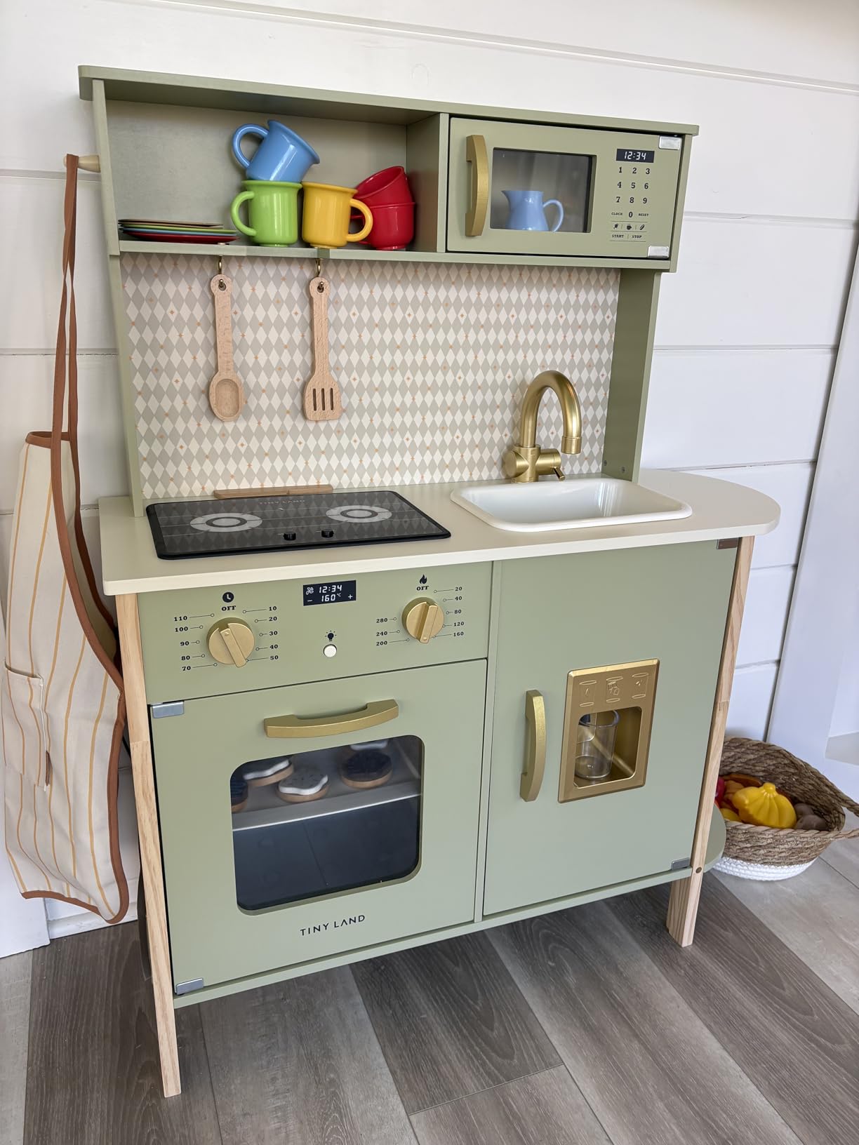 Tiny Land Play Kitchen for Kids, Wooden Farmhouse Kitchen Playset Chef Pretend Play Set for Toddlers w/Real Lights & Sounds, Toys Kitchen with 18 Pcs Toy Food & Cookware Accessories, Sage Green customer photo 2