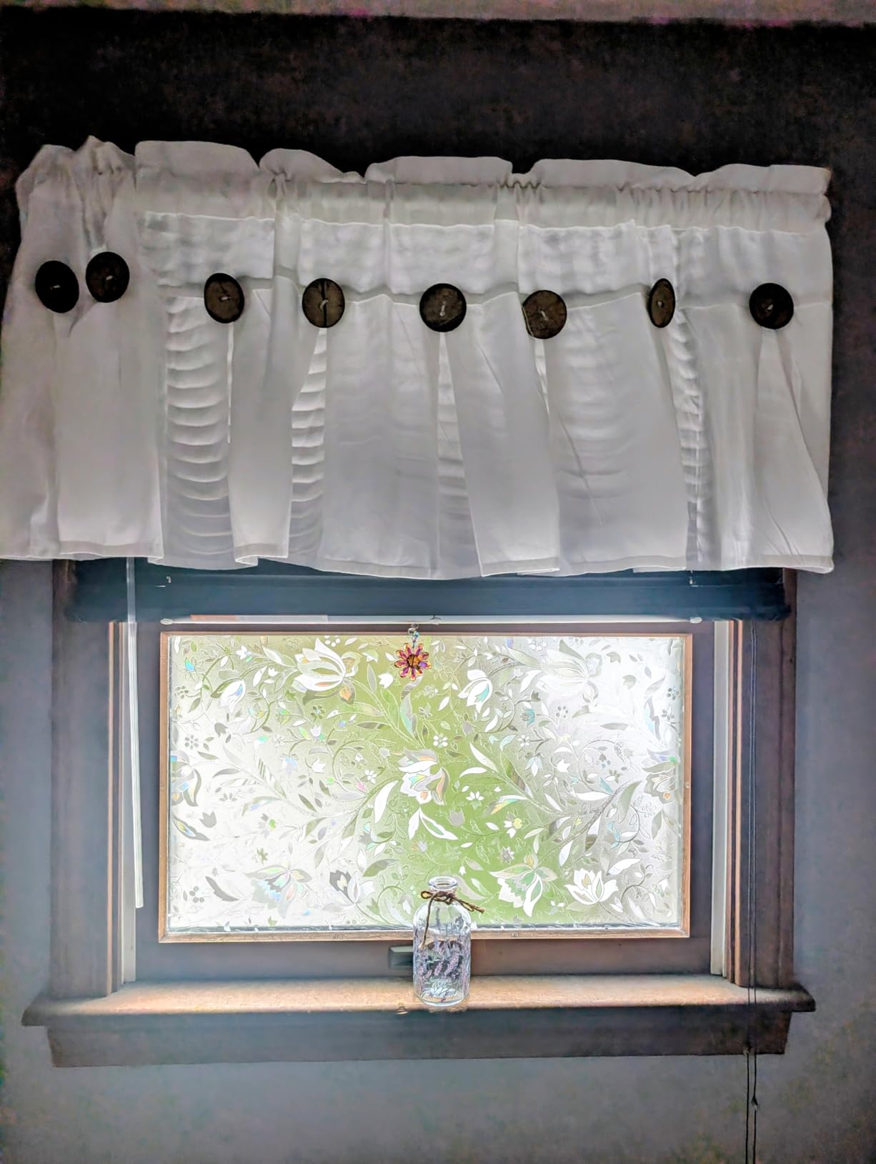 FRAMICS Farmhouse Valance Curtains, Boho Cotton Linen Kitchen Valance, Olive Green Rustic Button Window Valances for Kitchen Bathroom, Rod Pocket Valances for Windows, Olive Green, 52 x 18 Inch customer photo 2