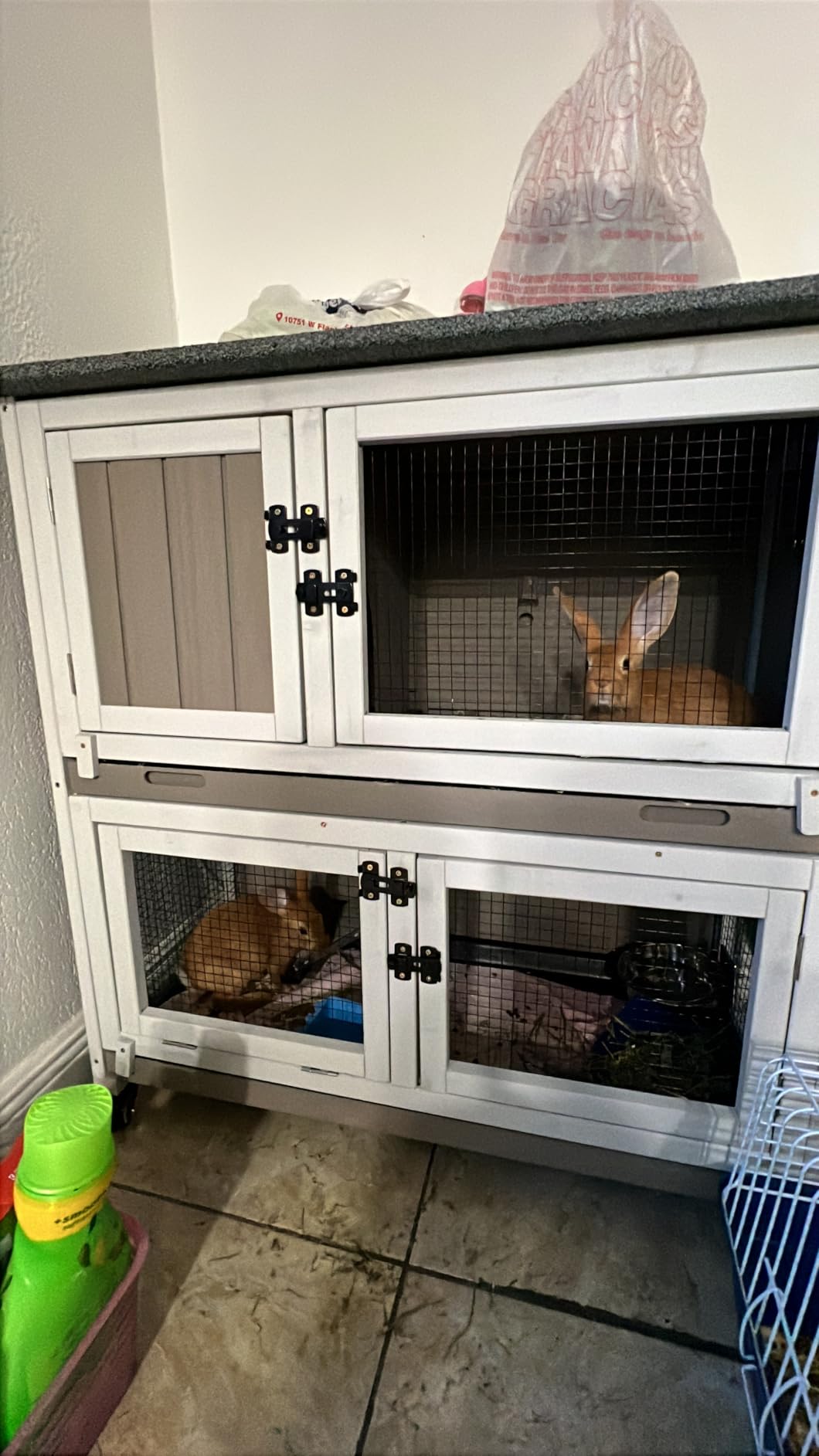 2 Story Rabbit Hutch Outdoor Indoor, Wooden Bunny Cage with 6 Lockable Wheels, 3 Removable No Leakage Pull Out Trays, Chew-Proof Ramp & Waterproof Roof, Ideal for Rabbit & Guinea Pig customer photo 1