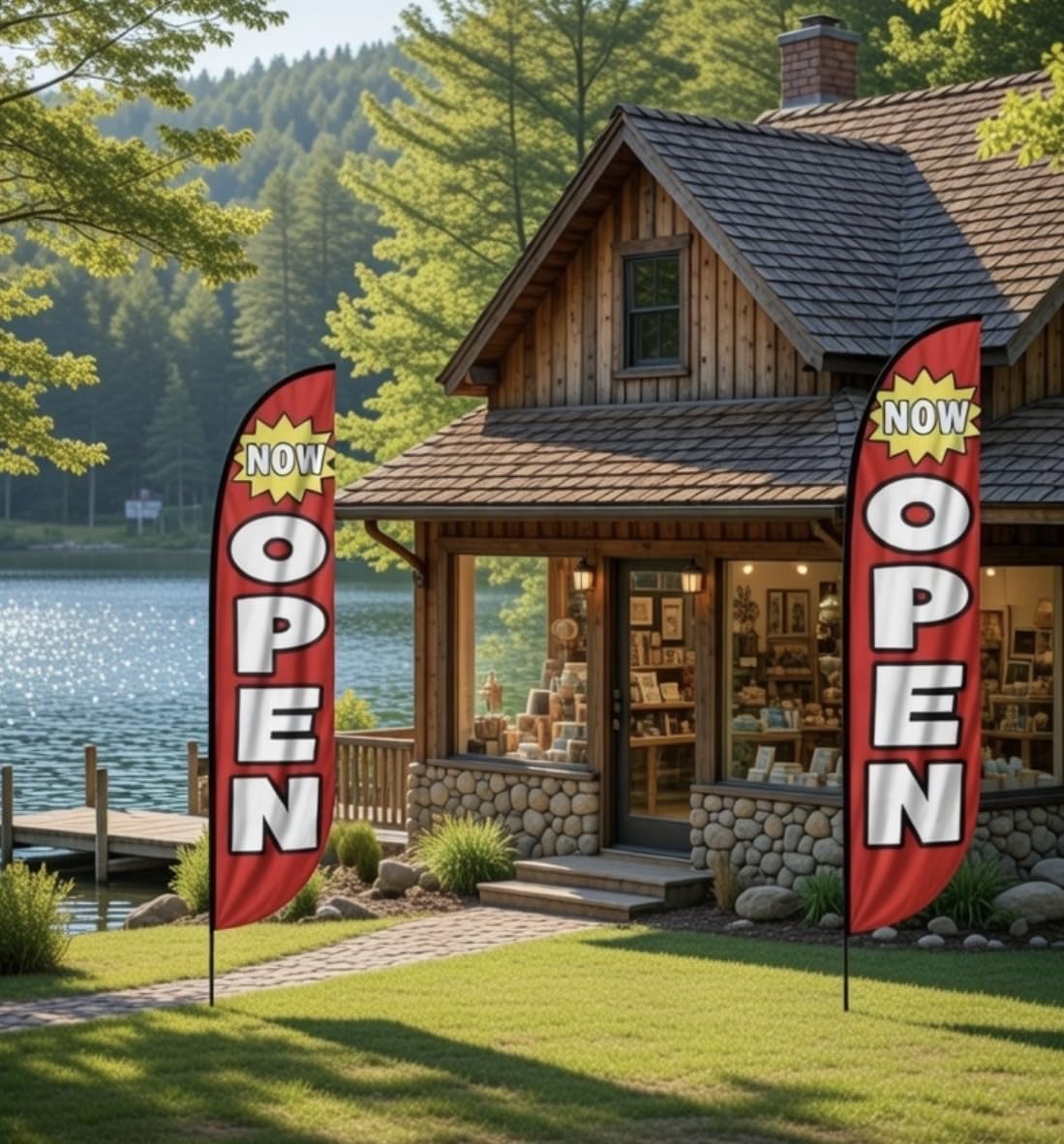 Feather Flag Pole Kit 15ft Tall 2 Pack with 12ft Tall Now Open Flags Feather Banner Advertising Open Flags for Business Grand Opening Signs Fiberglass Swooper Flag Poles with Heavy Duty Ground Spikes customer photo 1