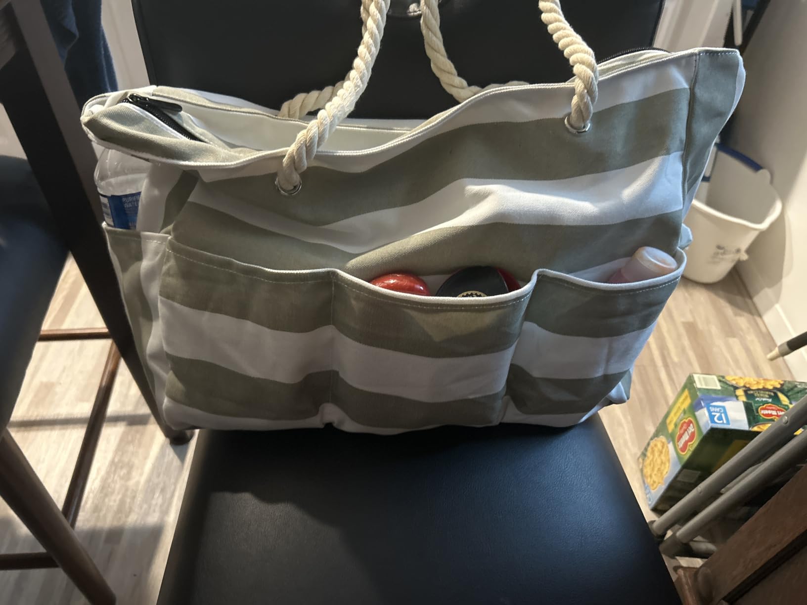 Becokan Beach Bags for Women Canvas Large Beach Tote Bag Zipper Waterproof Sandproof Foldable Swim Pool Bag with 7 Pockets customer photo 1