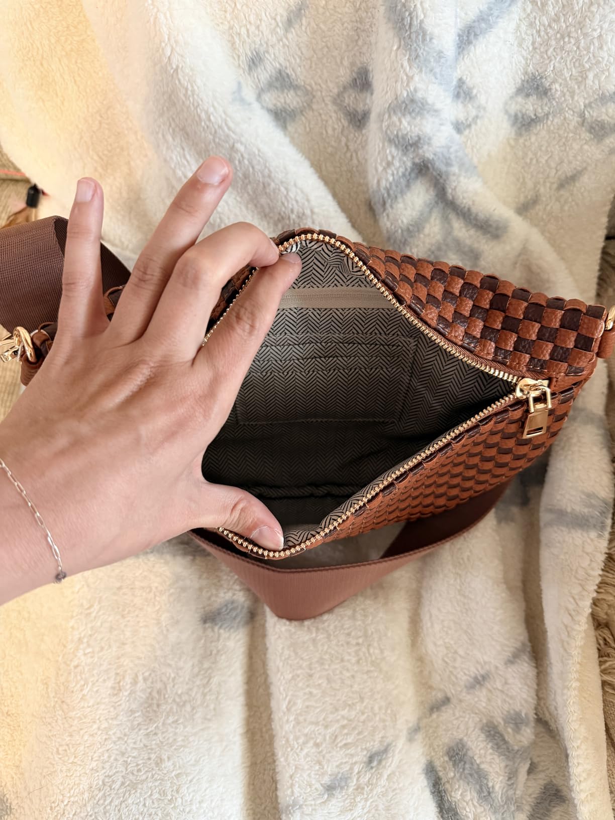 Woven Crossbody Bag for Women, Checkered PU Bum Bag Sling Purse with Adjustable Strap for Travel, Festivals customer photo 2