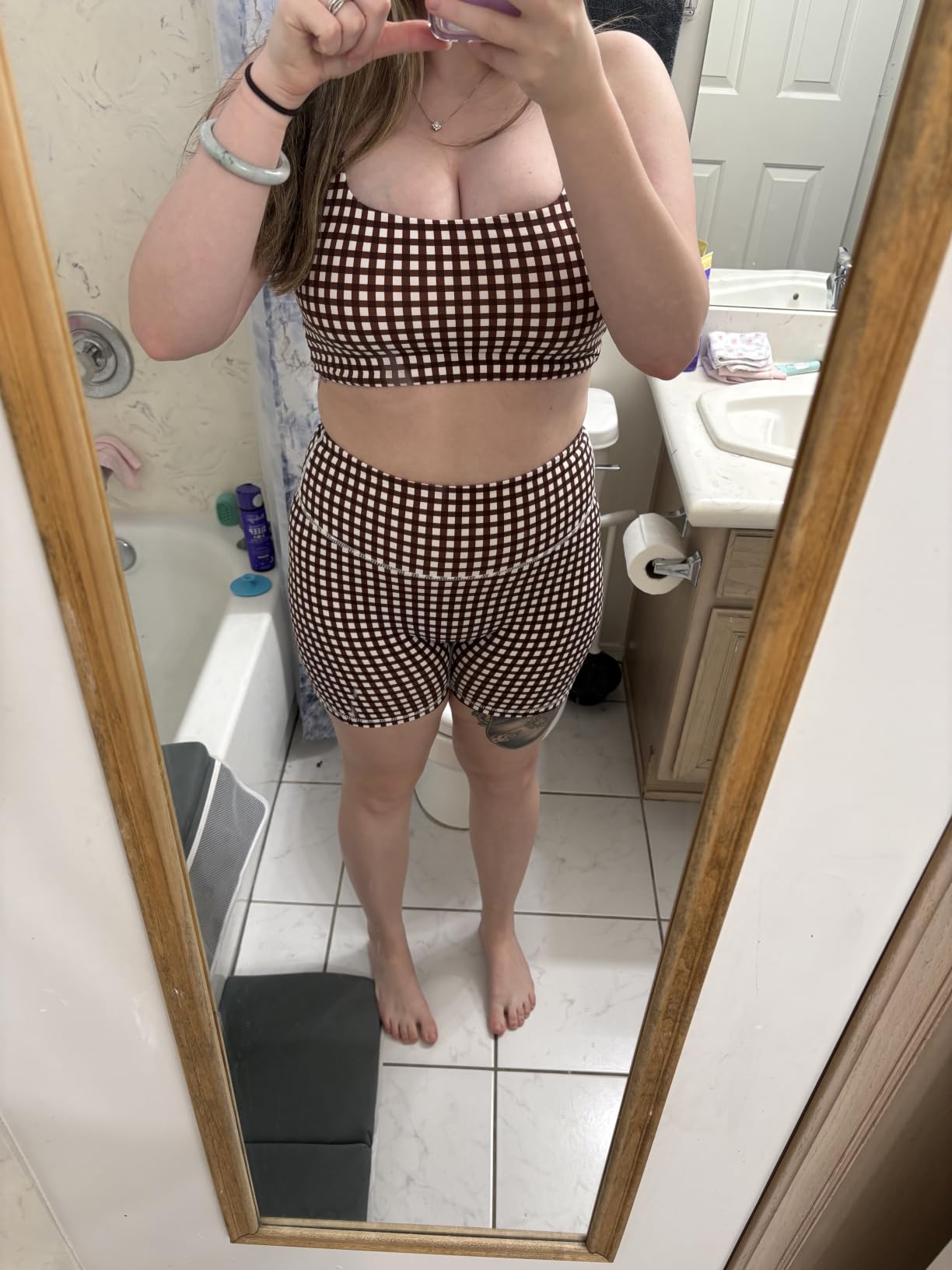 Womens Workout Gingham 2 Piece Outfits Padded Crop Tank Sports Shorts Sets customer photo 1