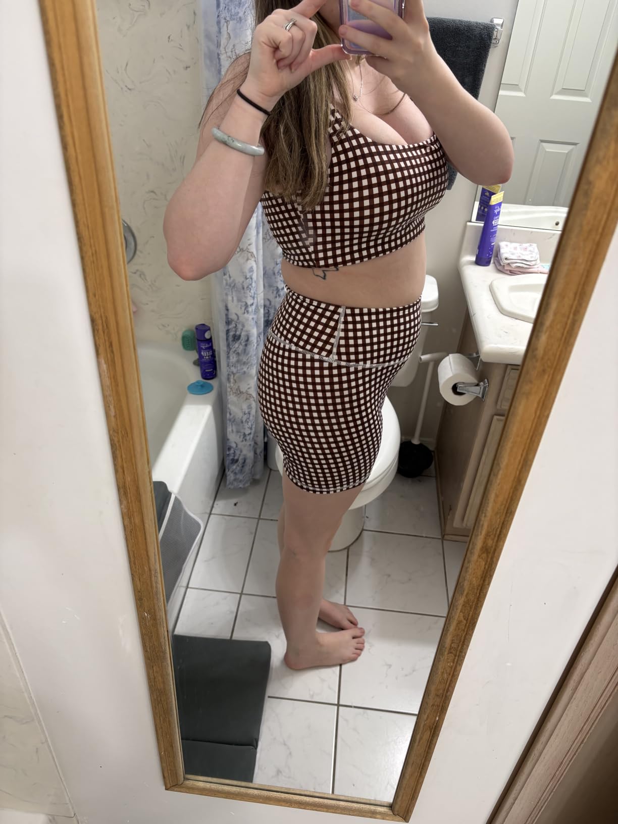 Womens Workout Gingham 2 Piece Outfits Padded Crop Tank Sports Shorts Sets customer photo 2