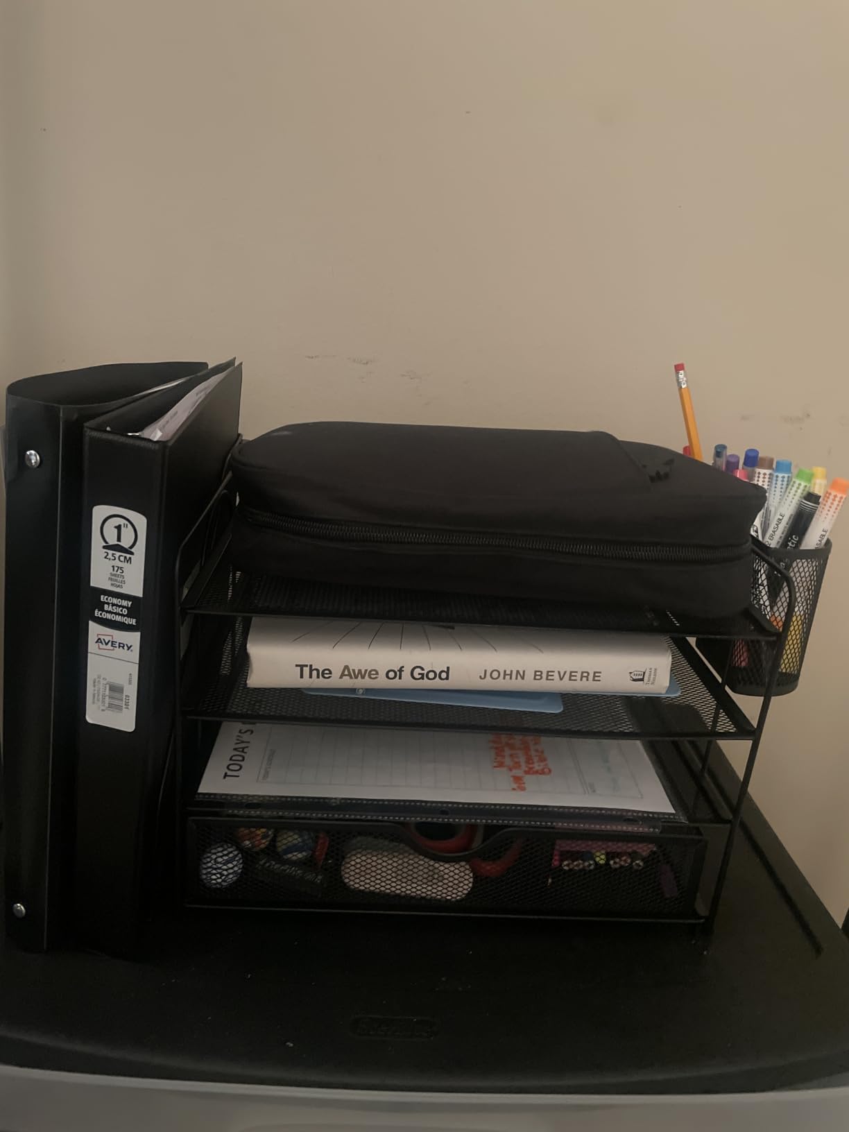 WALI Desk File Organizer, 4 Tier Desktop Paper Letter Tray Organizer with Drawer and 2 Pen Holders, Office Desk Accessories & Workspace Organizers for Office, Home Supplies(DO005DH-B), 1 Pack, Black customer photo 1