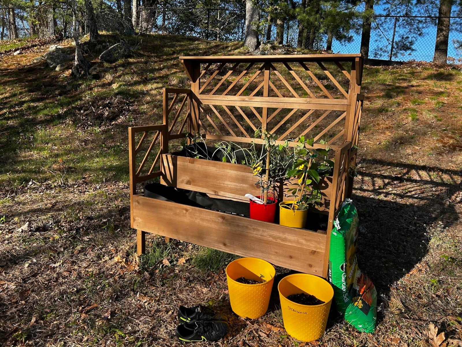 Raised Garden Bed Outdoor with Lattice Trellis, 47.2''H Wood Outdoor Flower Plant Stand with Two Planting Areas, Metal Reinforced, Liner, Elevated Garden Beds for Climbing Plants, Herb, Brown customer photo 1