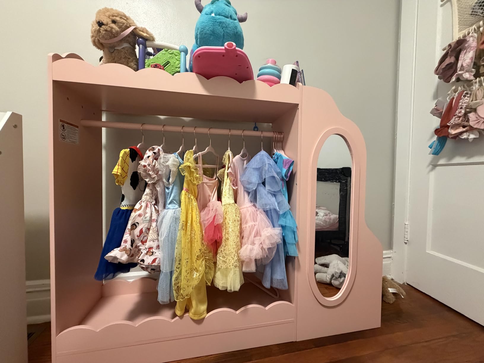 Curipeer Kids Dress Up Storage with Mirror, Bookshelf & Toy Storage, Scalloped Design Princess Closet for Little Girls, Kids Dress Up Rack, Open Hanging Armoire Wardrobe for Bedroom, Playroom, White customer photo 2