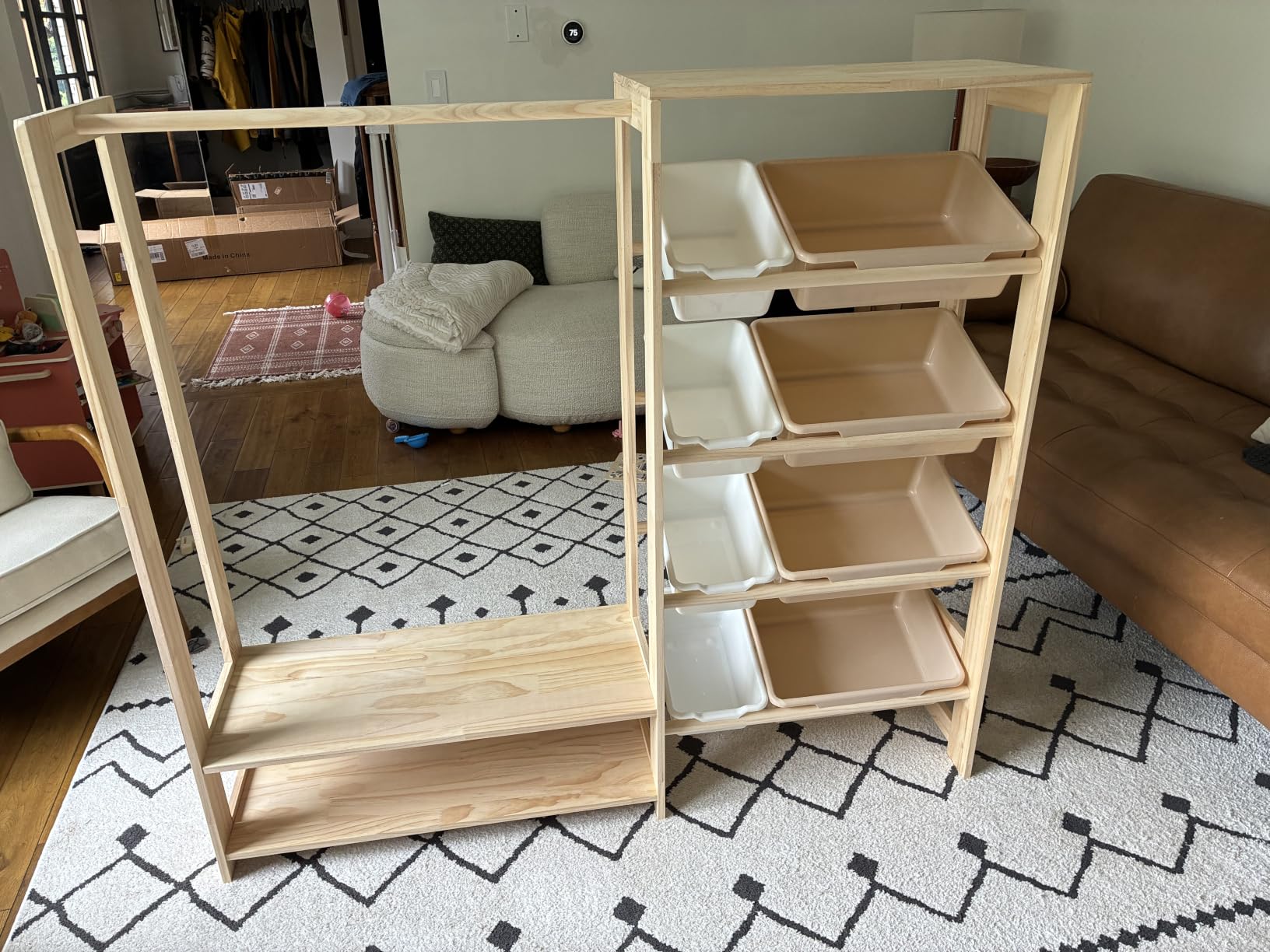 Amdermi Montessori Kids Wardrobe and Toy Storage Organizer with Bins, Wooden Toddler Dress Up Clothes Rack, Open Closet with Shoe Shelves for Childrens Bedroom and Playroom, Natural Wood customer photo 1