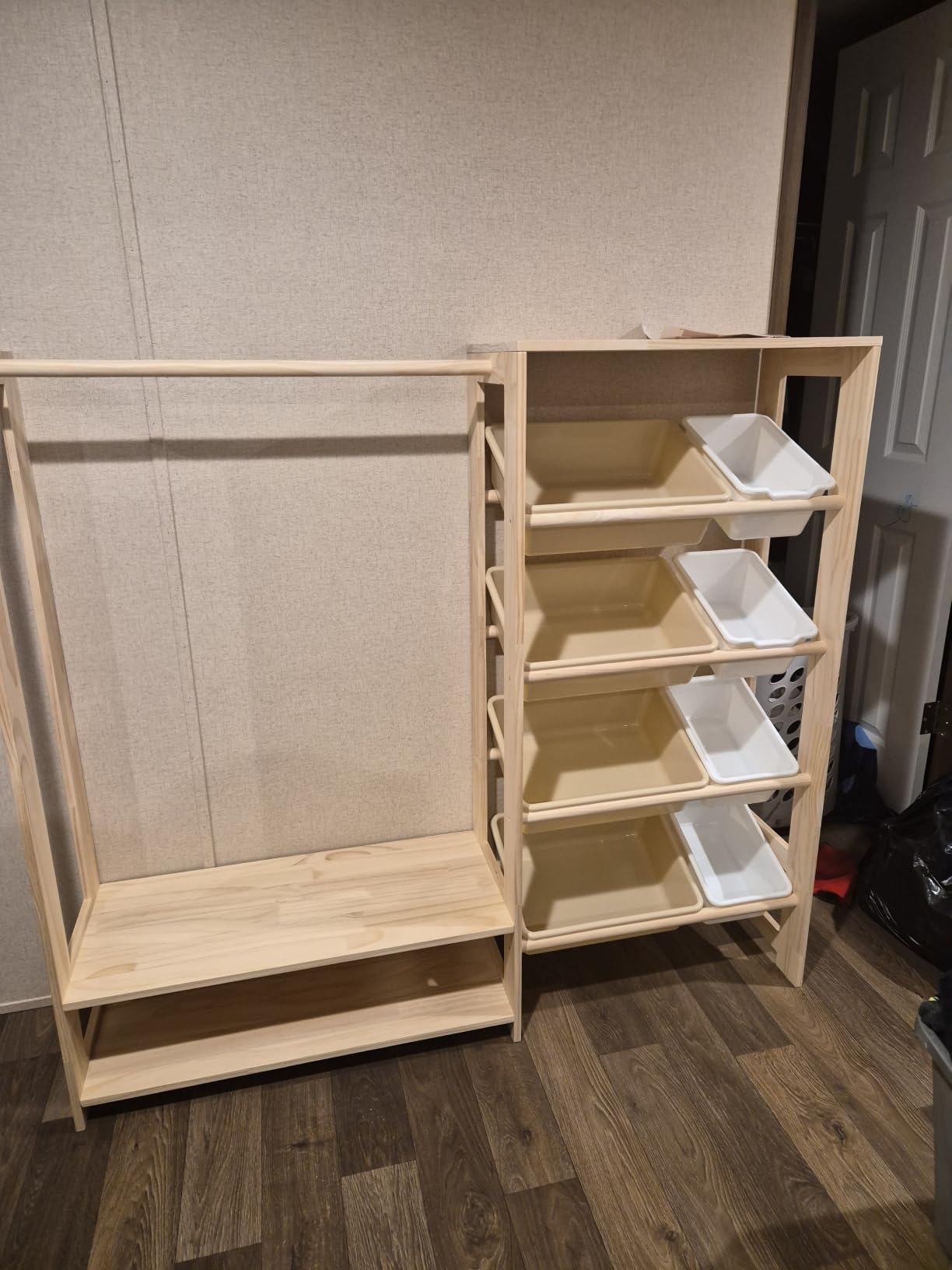 Amdermi Montessori Kids Wardrobe and Toy Storage Organizer with Bins, Wooden Toddler Dress Up Clothes Rack, Open Closet with Shoe Shelves for Childrens Bedroom and Playroom, Natural Wood customer photo 2