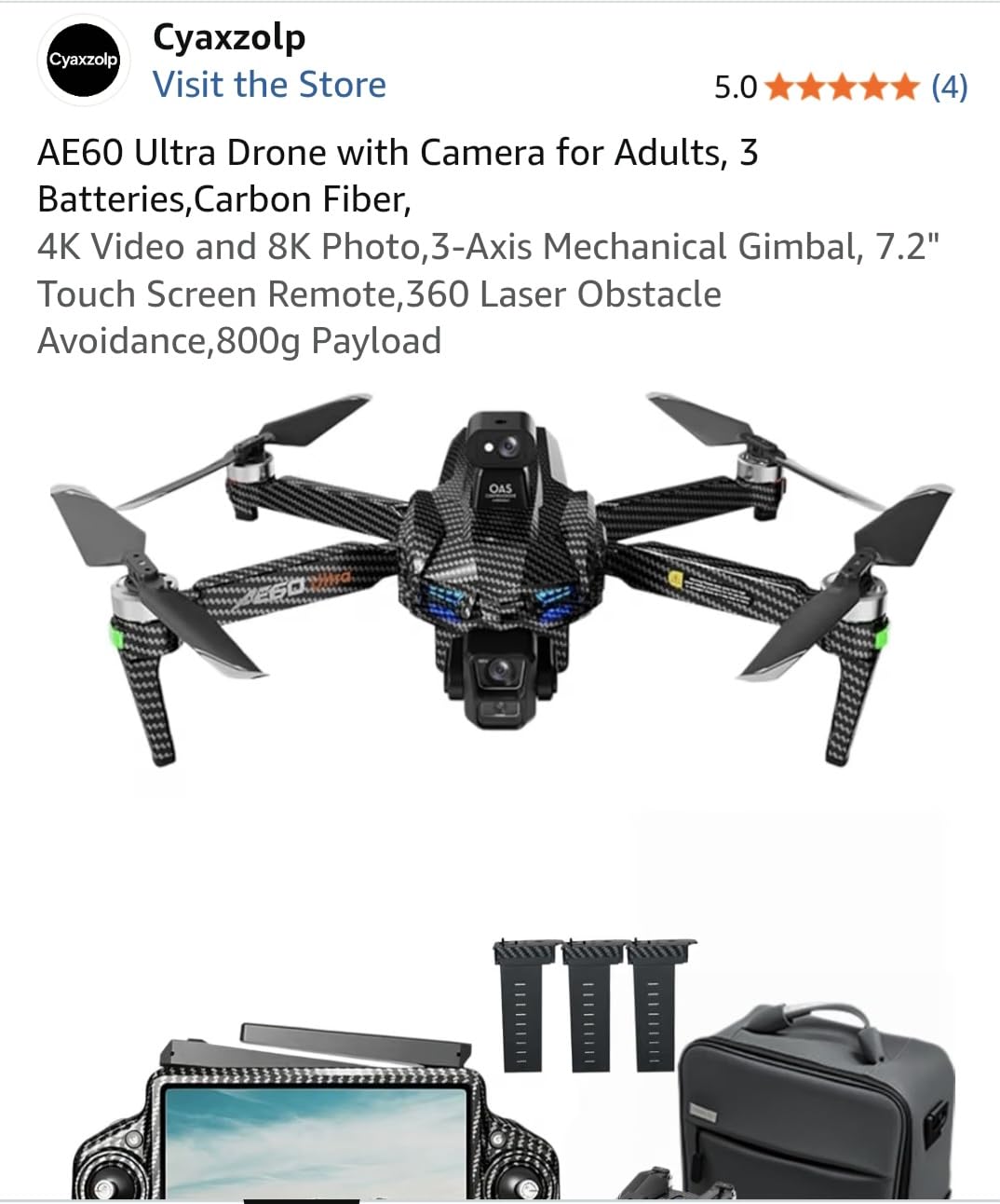 AE60 Ultra Drone with Camera for Adults, 3 Batteries, Carbon Fiber, 4K Video and 8K Photo, 3-Axis Mechanical Gimbal, 7.2